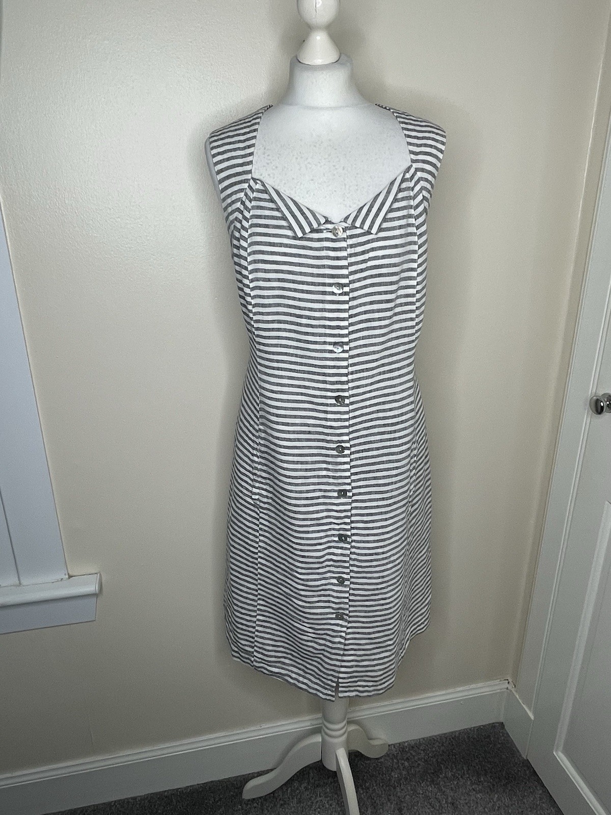 Bitte Kai Rand Grey White Stripe Linen Dress Button Front Pockets Sleeveless VGC