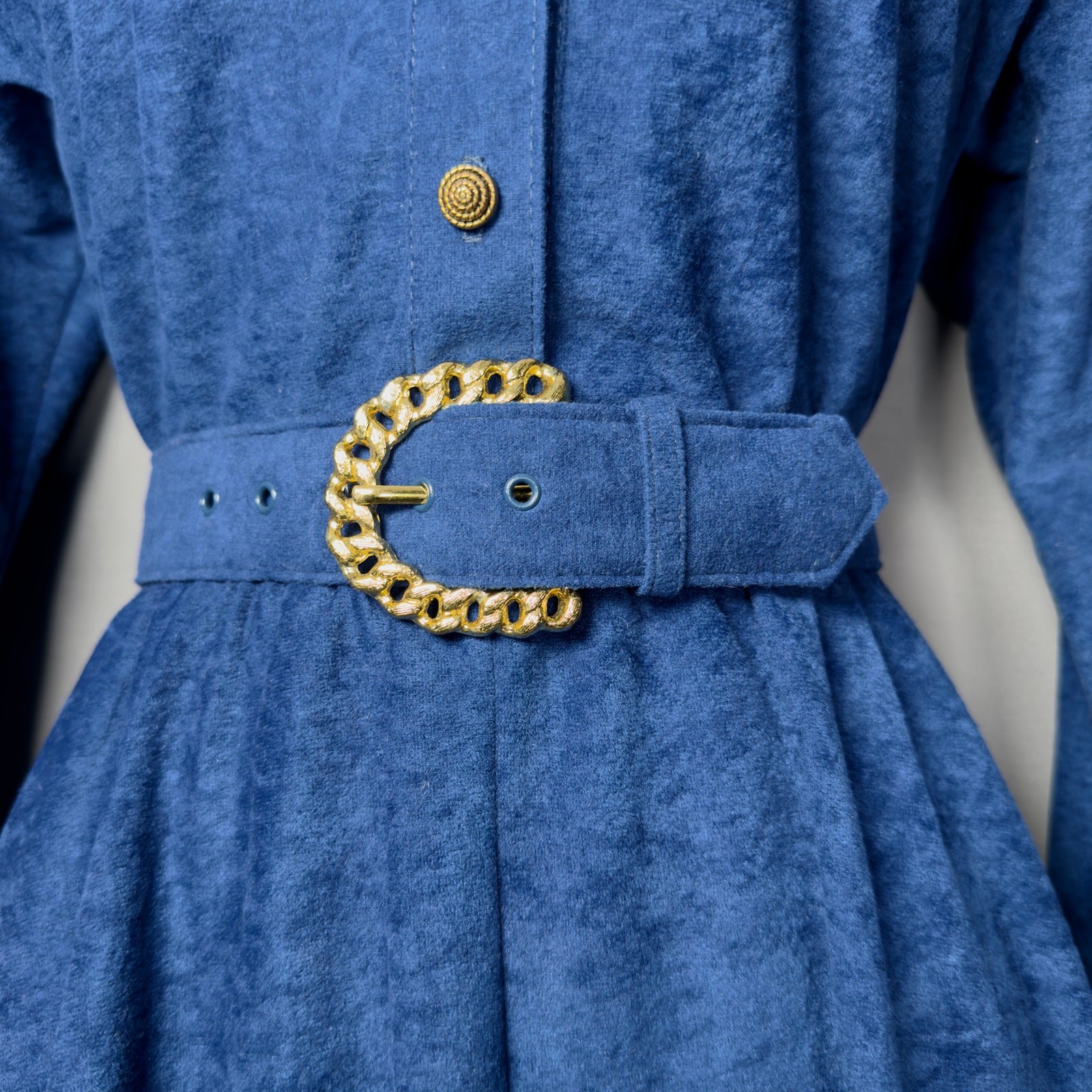 EJM Petites Vintage 80s Blue Velour Long Sleeve Belted Midi Dress Size 8