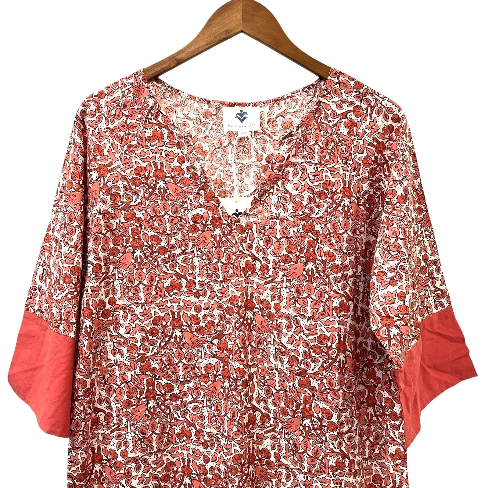 Pomegranate Kaftan Caftan Dress Womens XS Orange Bird Floral Long Cotton Boho