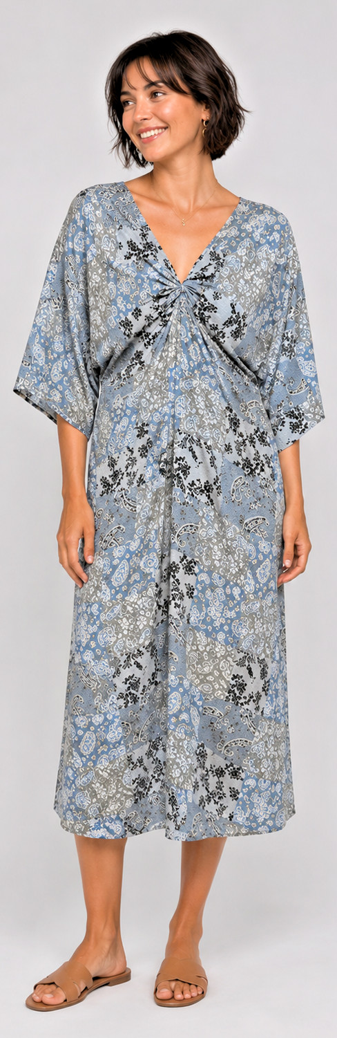 New GIGIO Size L 12 14 Patchwork Print Twist V Neck Midi Dress Back Tassel Tie