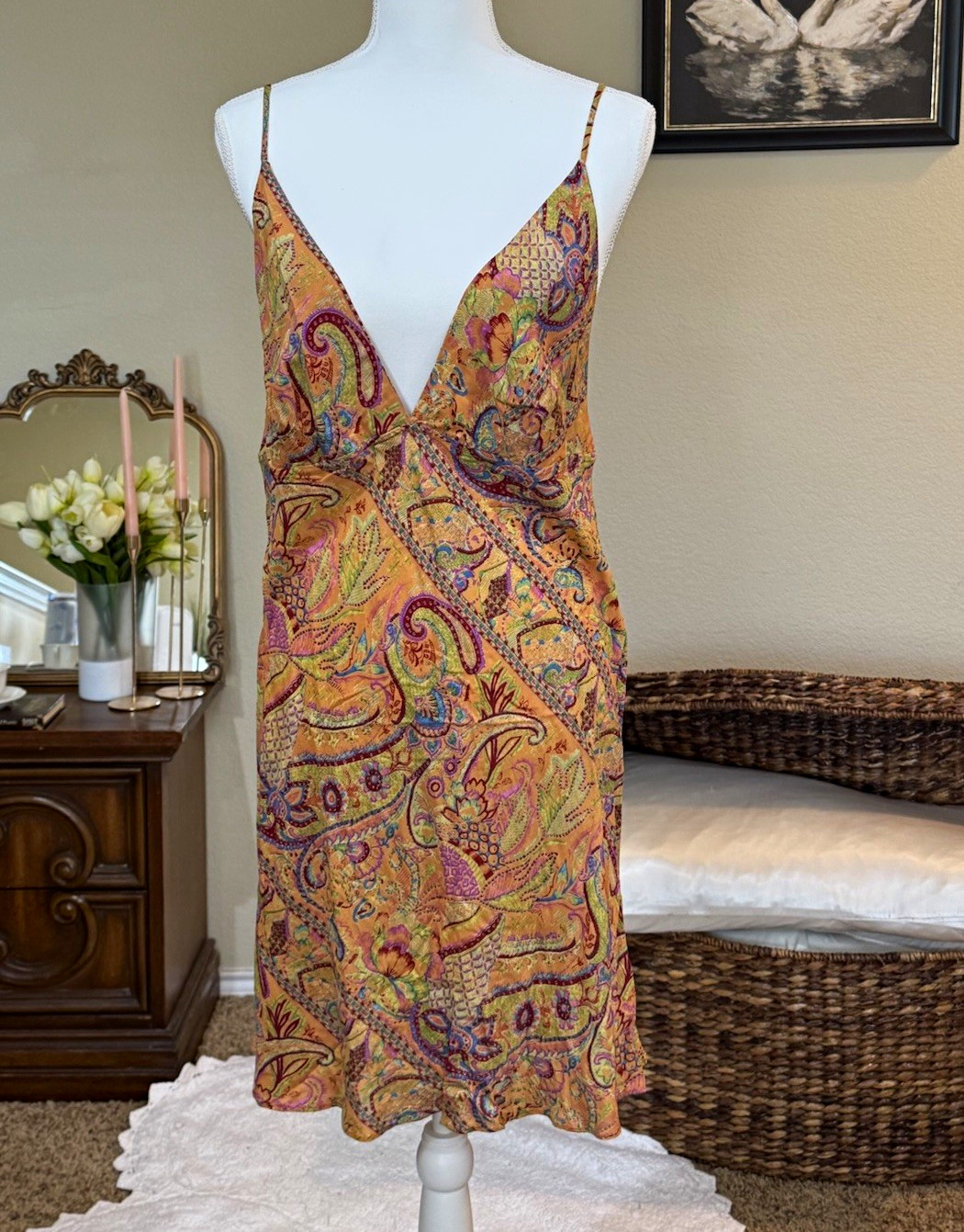 Free People Paisley Slip Dress Orange Boho Midi Maxi Festival Women’s L