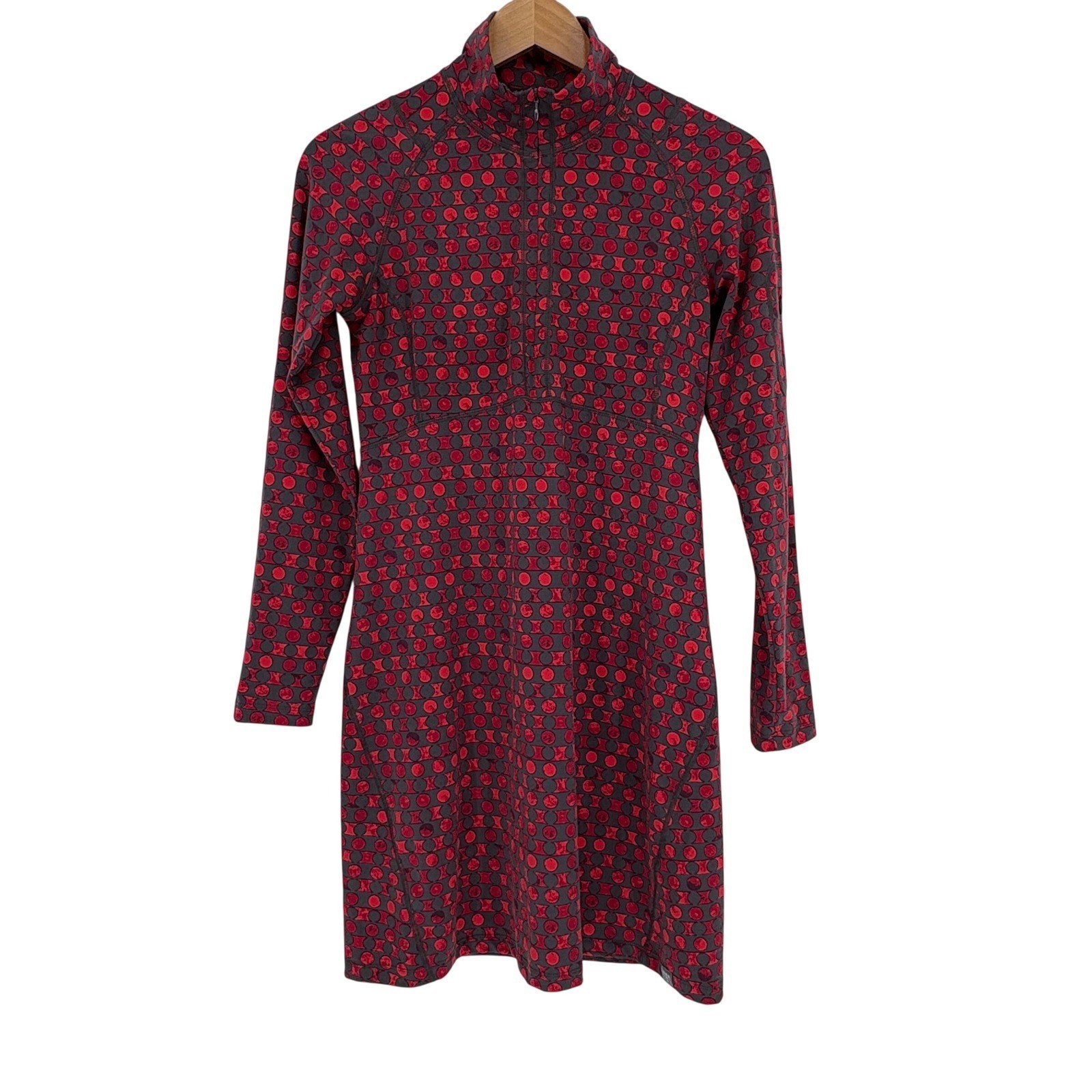 Title Nine Dream Dress Small Red Grey Geometric Dot 1/4 Zip Long Sleeve