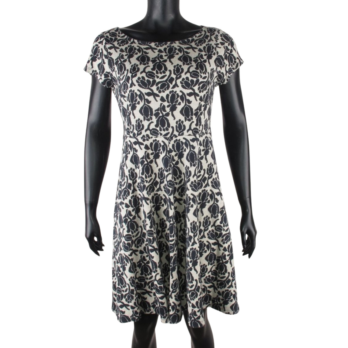 King Louie Dress Womens L Floral Black White Jersey Flare Knee Length Stretch