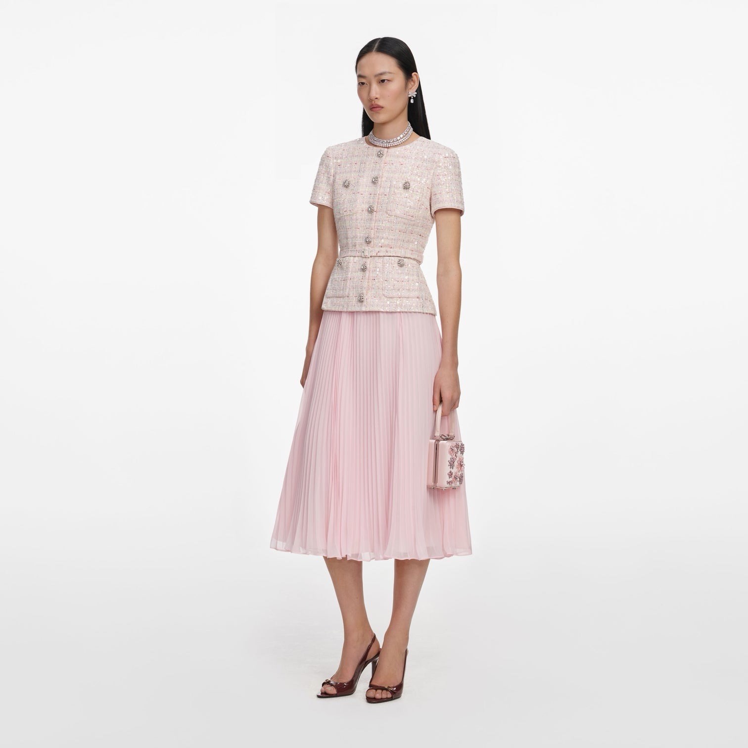 self portrait PINK SEQUIN BOUCLE TAILORED MIDI DRESS $ 750 Size US 0 UK 4