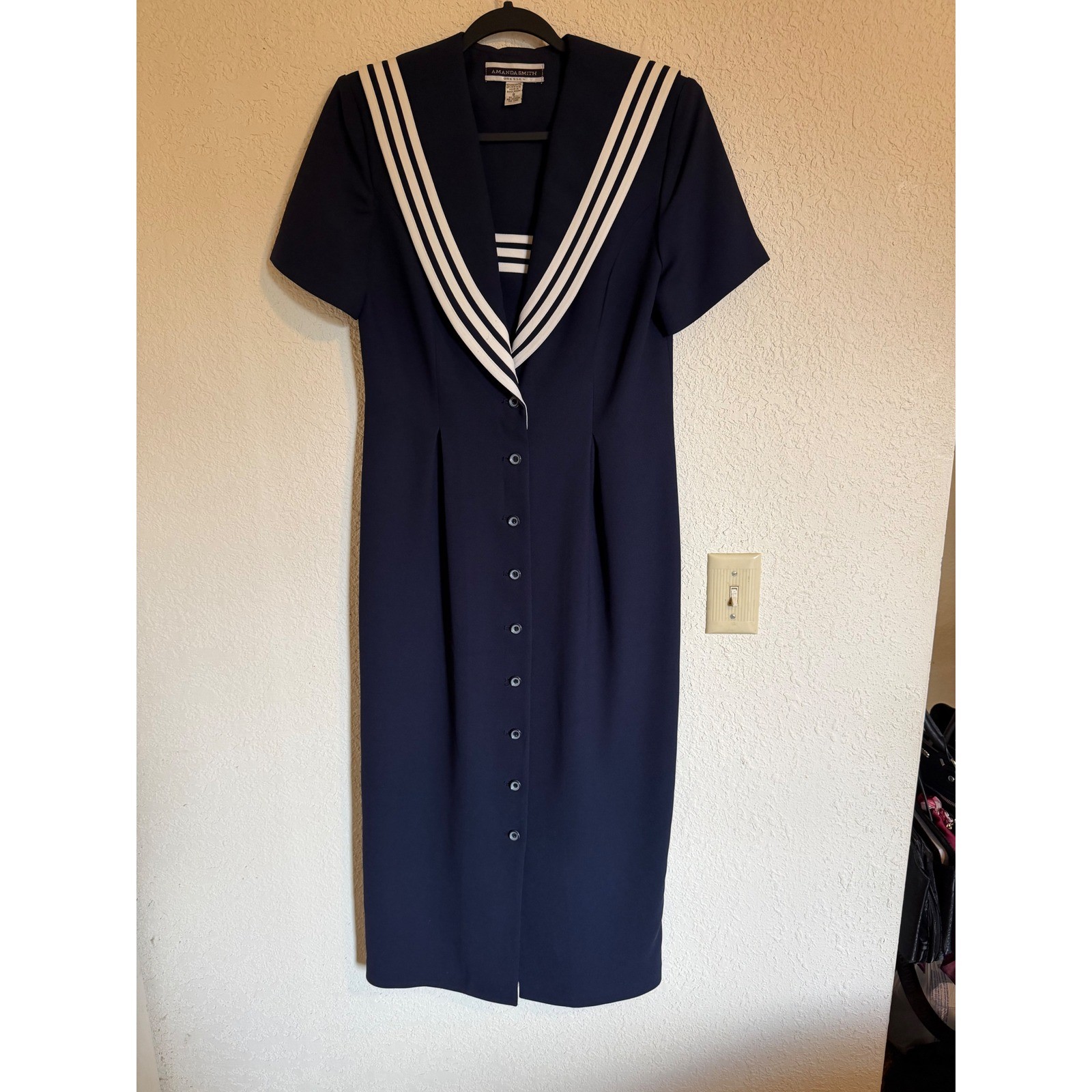 Amanda Smith Navy Blue Nautical Sailor Maxi Dress White Striped Collar Size 8