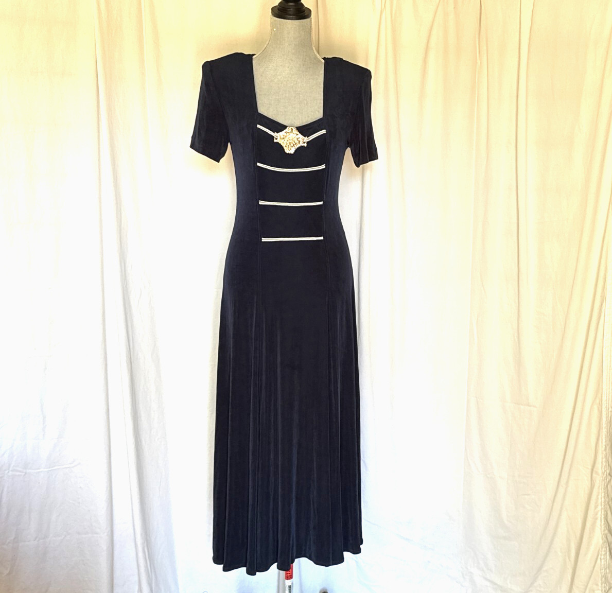 Vintage Cache womens S8 Navy short Sleeve sweetheart neck Dress slinky pullover