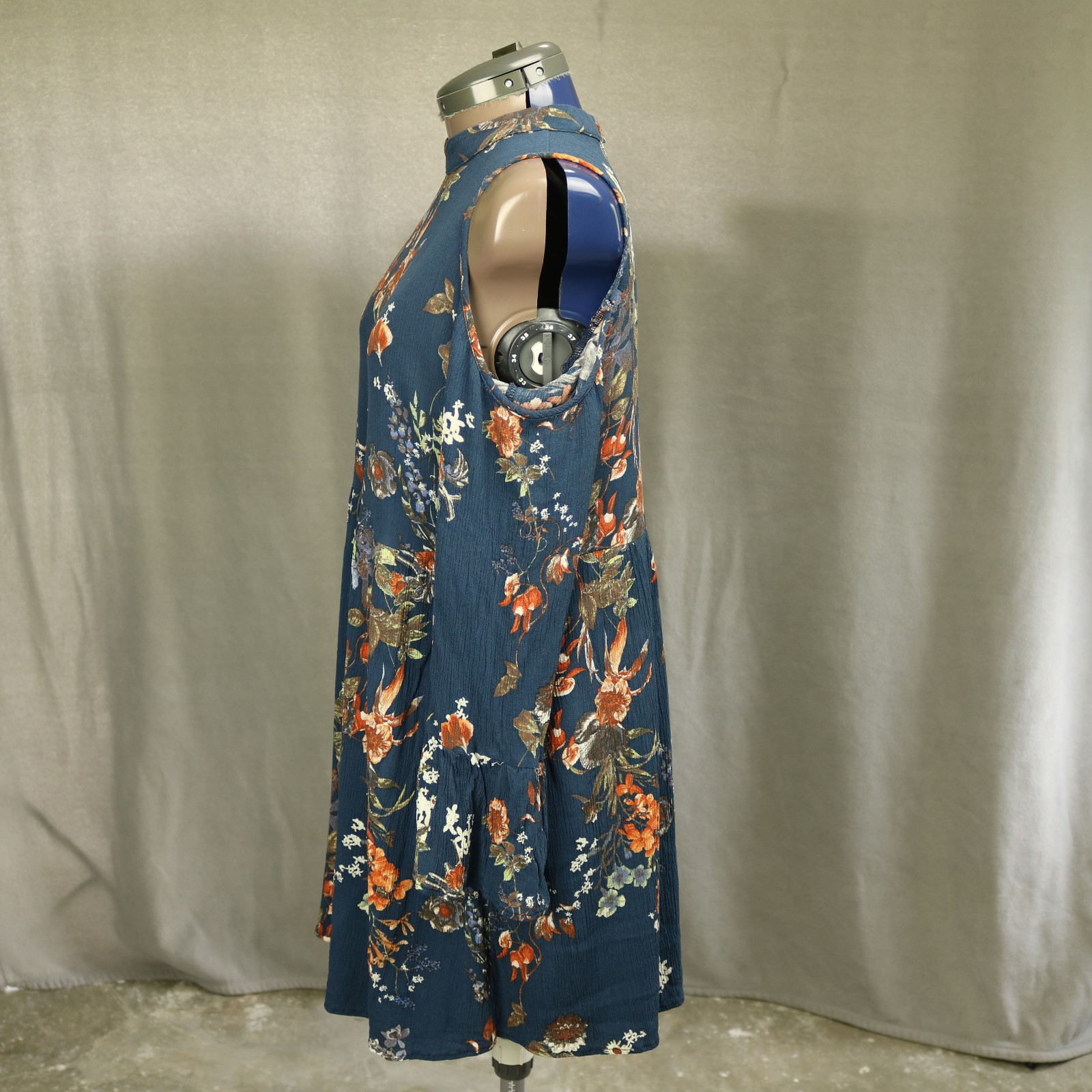 Altar’d State Floral Cold Shoulder Mini Dress Button Neck Bell Sleeve Blue L