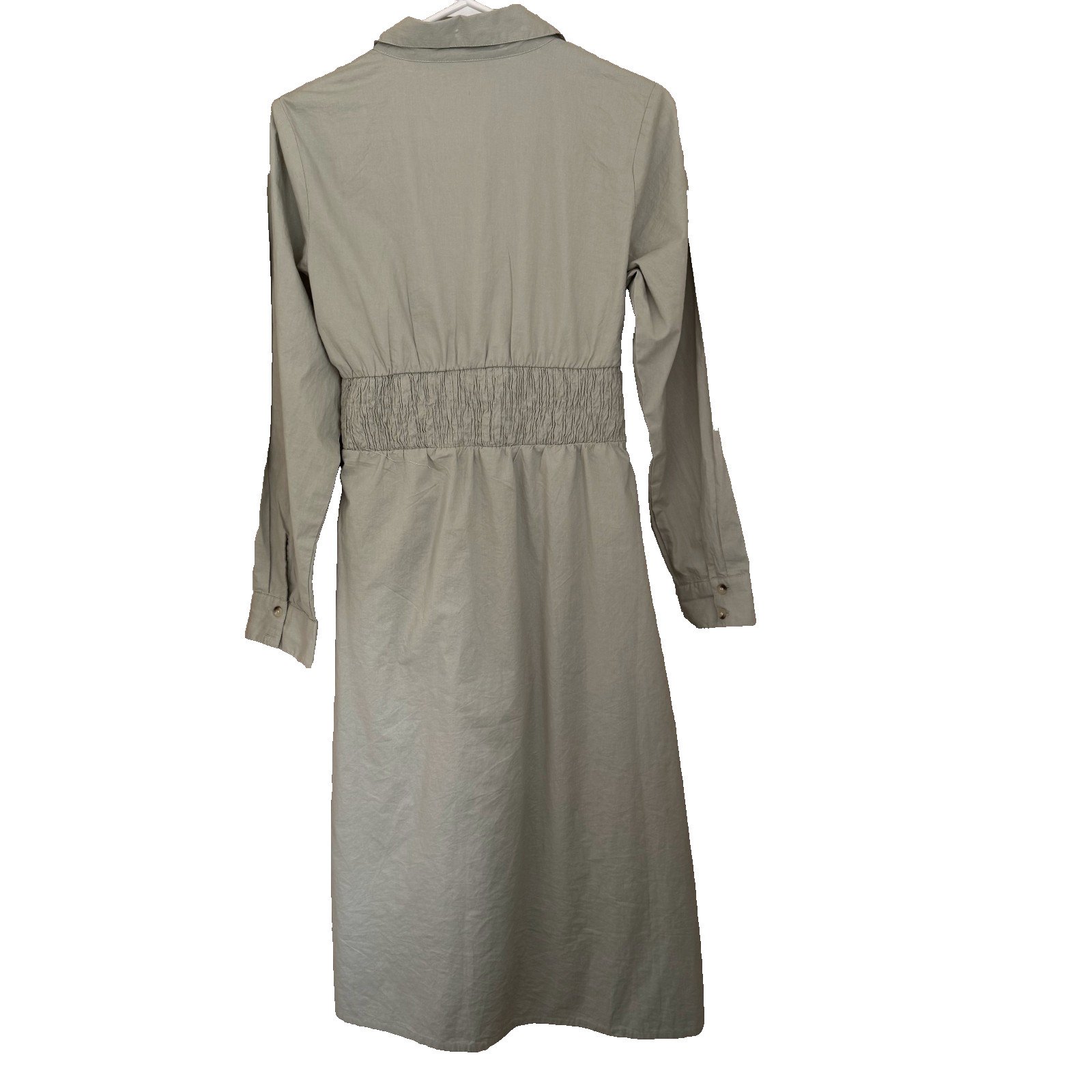 Sim & Sam Cotton Button Down Midi Dress Sz L Ruched Front Sage Green Cottagecore