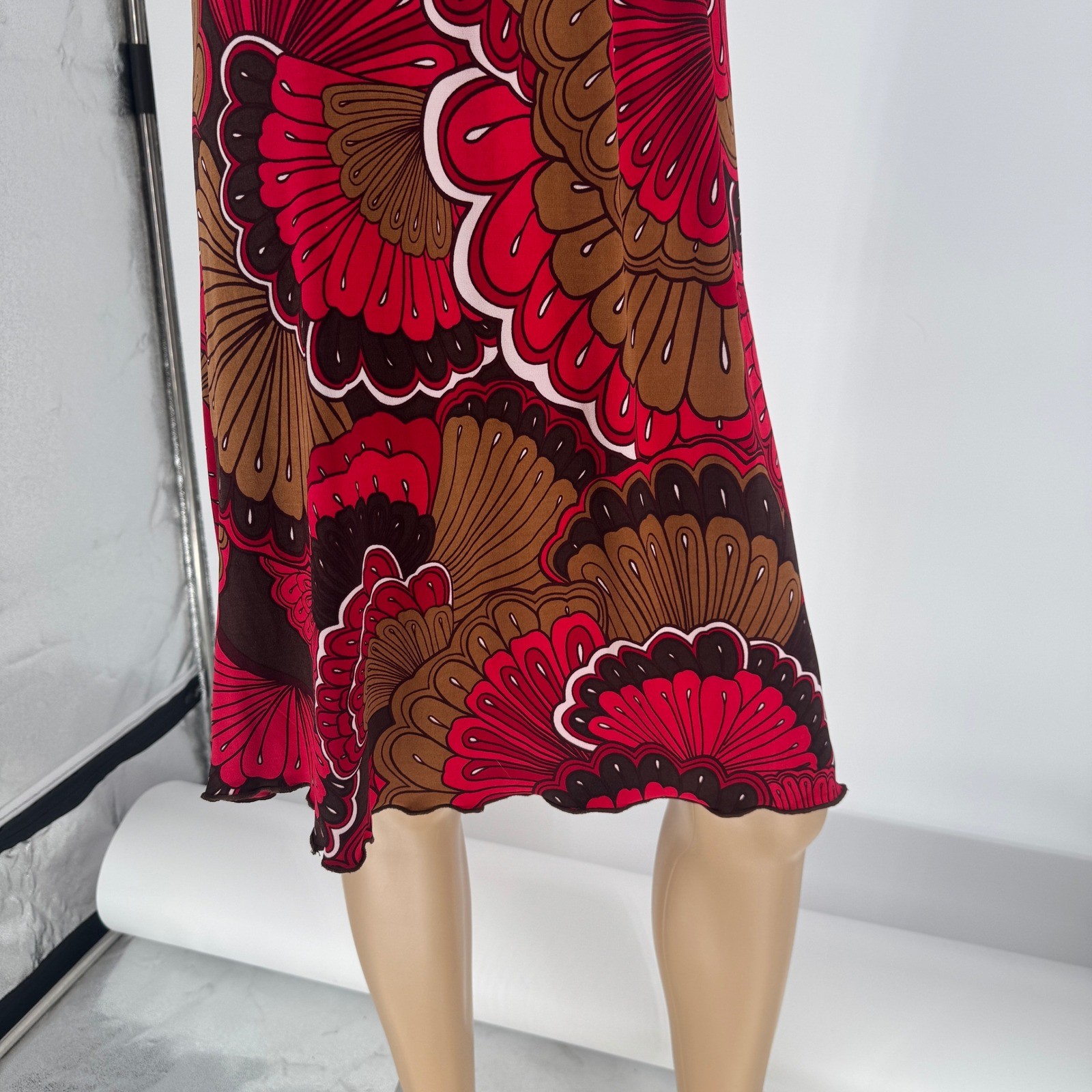 Volume One Red Brown Psychedelic Floral V-Neck Faux Wrap Dress Size M Y2K Retro