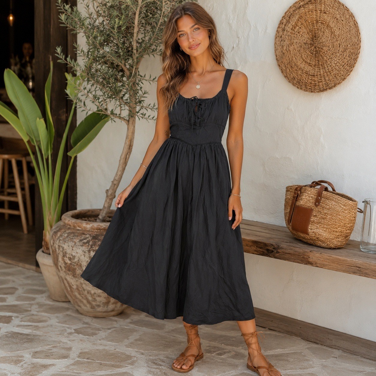 Disturbia Black Cotton Midi Dress Gothic Cottagecore Smocked Back Pockets US 16