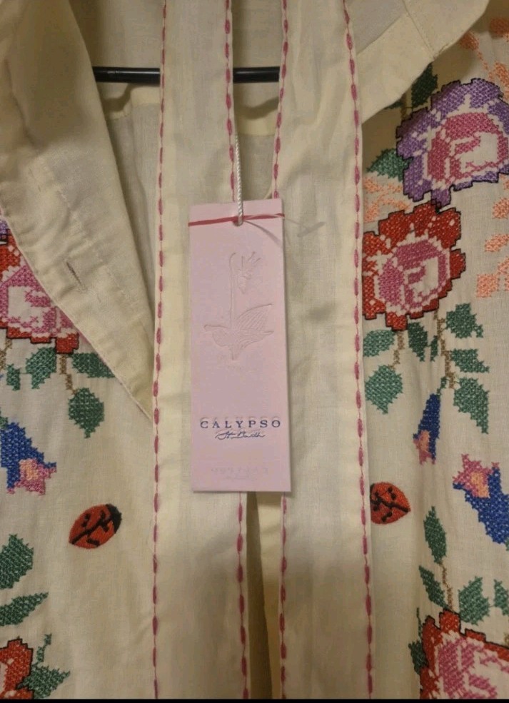 CALYPSO ST BARTH EMBROIDERED NEEDLEPOINT MAXI SHIRT DRESS SIZE L NWT