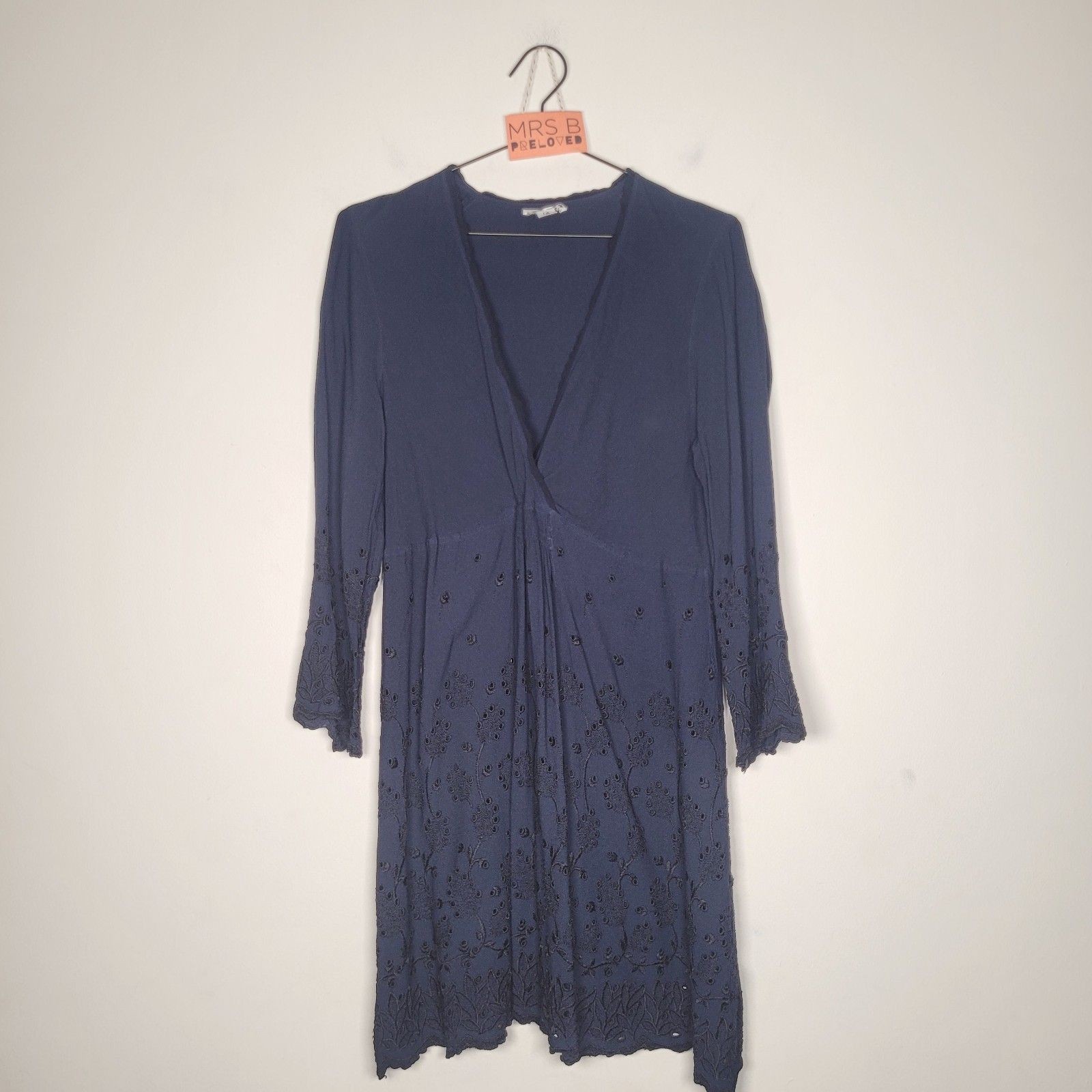 Ghost Dress 14 Navy Broderie Anglaise V Neck 3/4 Sleeves Viscose Short Empire