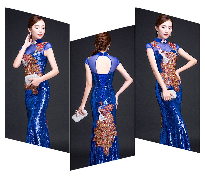 Womens Sequin Peacock Embroidery Gown Cheongsam Formal Stage Evening Qipao Dress