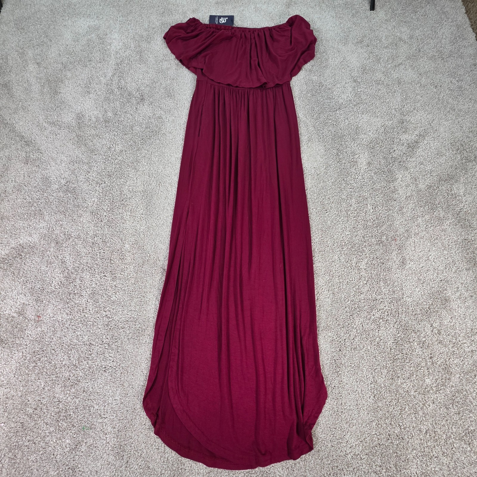 LILBETTER Women Off The Shoulder Ruffle Side Split Maxi Dress Wine Medium NEW