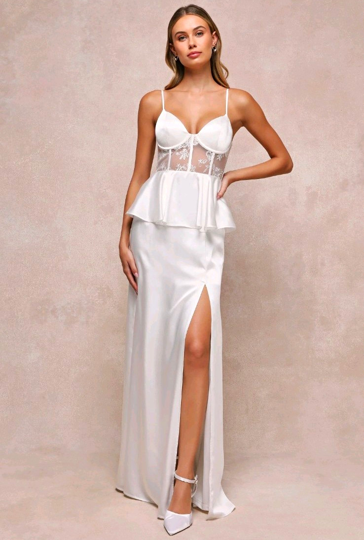 LULUS Iconic White Satin Peplum Sheer Bustier Corset Slit Wedding Maxi Dress