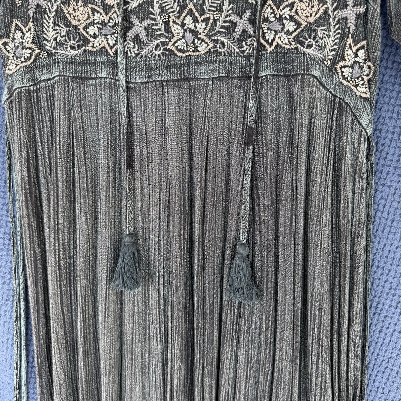Sweet Magnolia Embellished Boho Prairie Beaded Maxi Dress Size Large Gray Teal