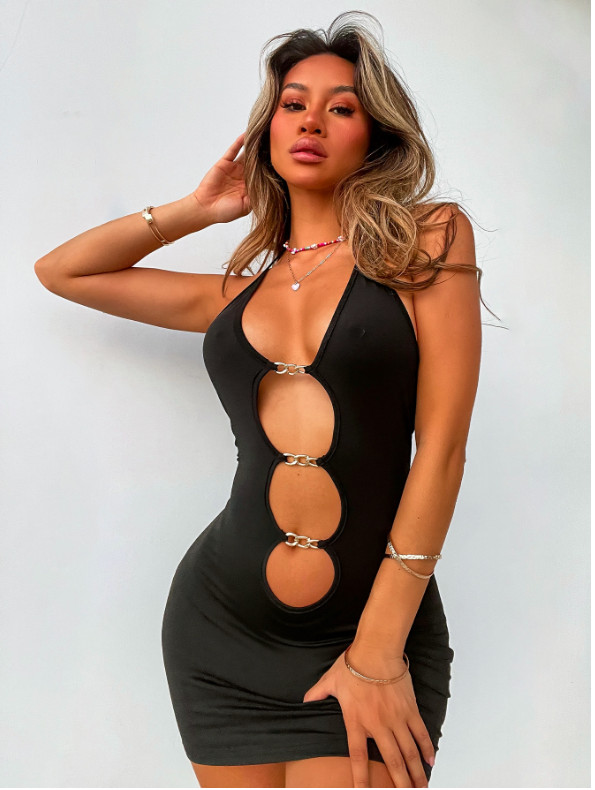 Black Bikinx Chain Cutout Front Bodycon Dress Sz XXS XS S M L XL