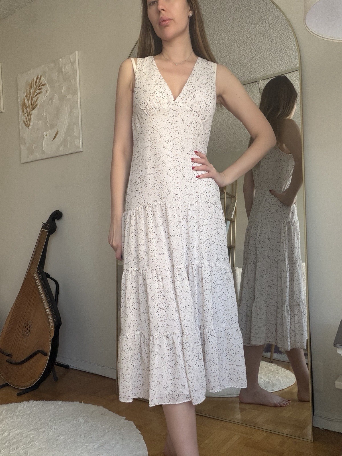 H&M Women’s White Floral Midi Dress Sleeveless V-Neck Tiered Size EU 36 US 4