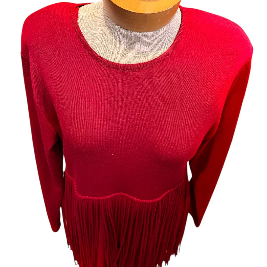 RARE Size L Vintage Andrea Jovine Wool Dress Short Fringed Dress Long Sleeve Red