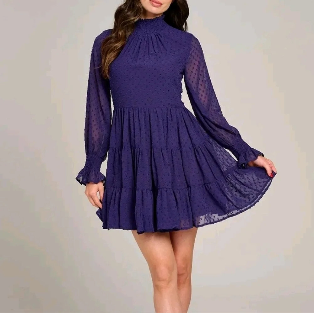 Women’s Tiered Long Sleeve Mock Neck Swiss Dot Dress Plum Purple Above The Knee