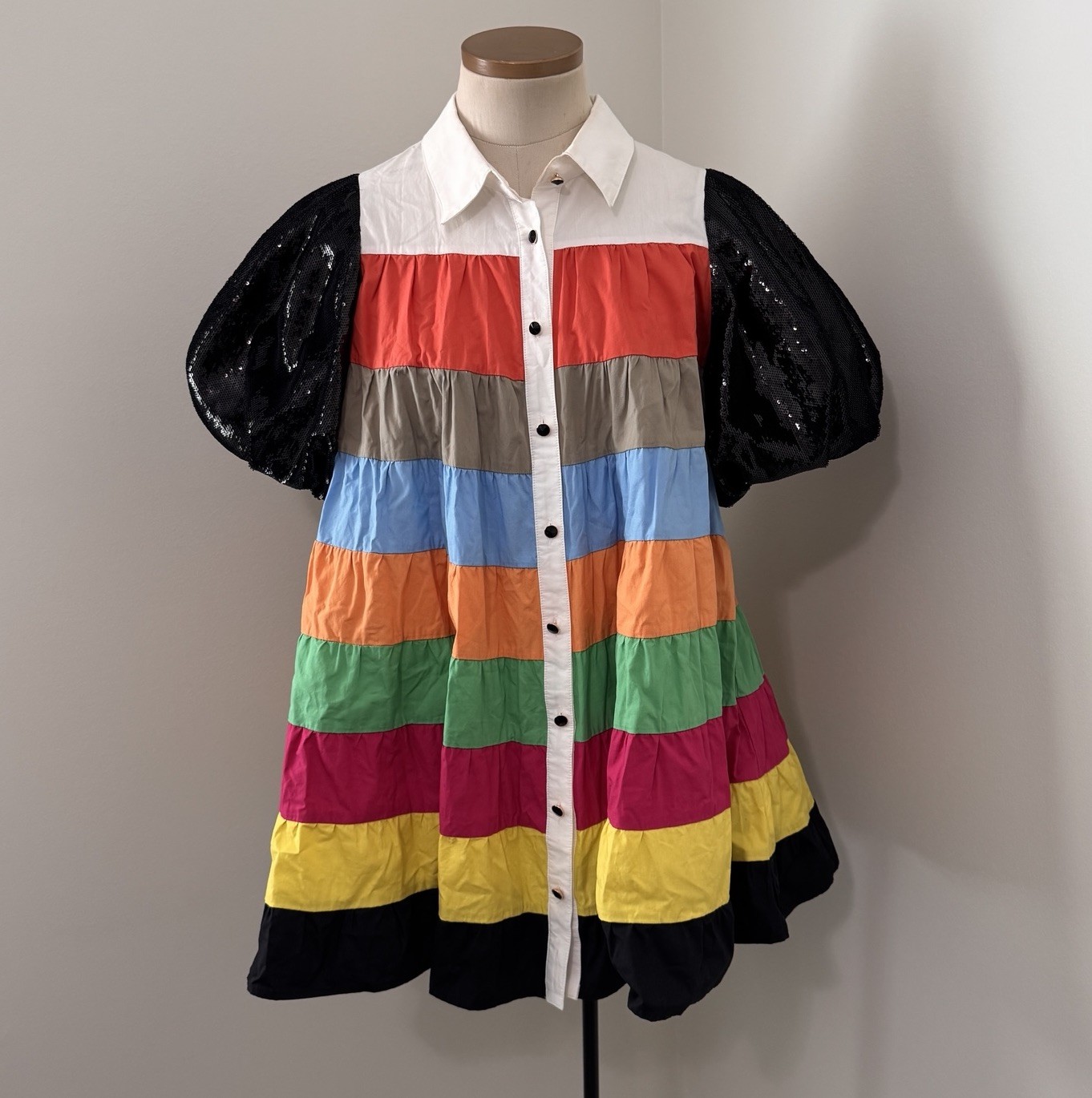 QUEEN of SPARKLES Small Colorblock Stripe Tiered Mini Dress Sequin Puff Sleeves