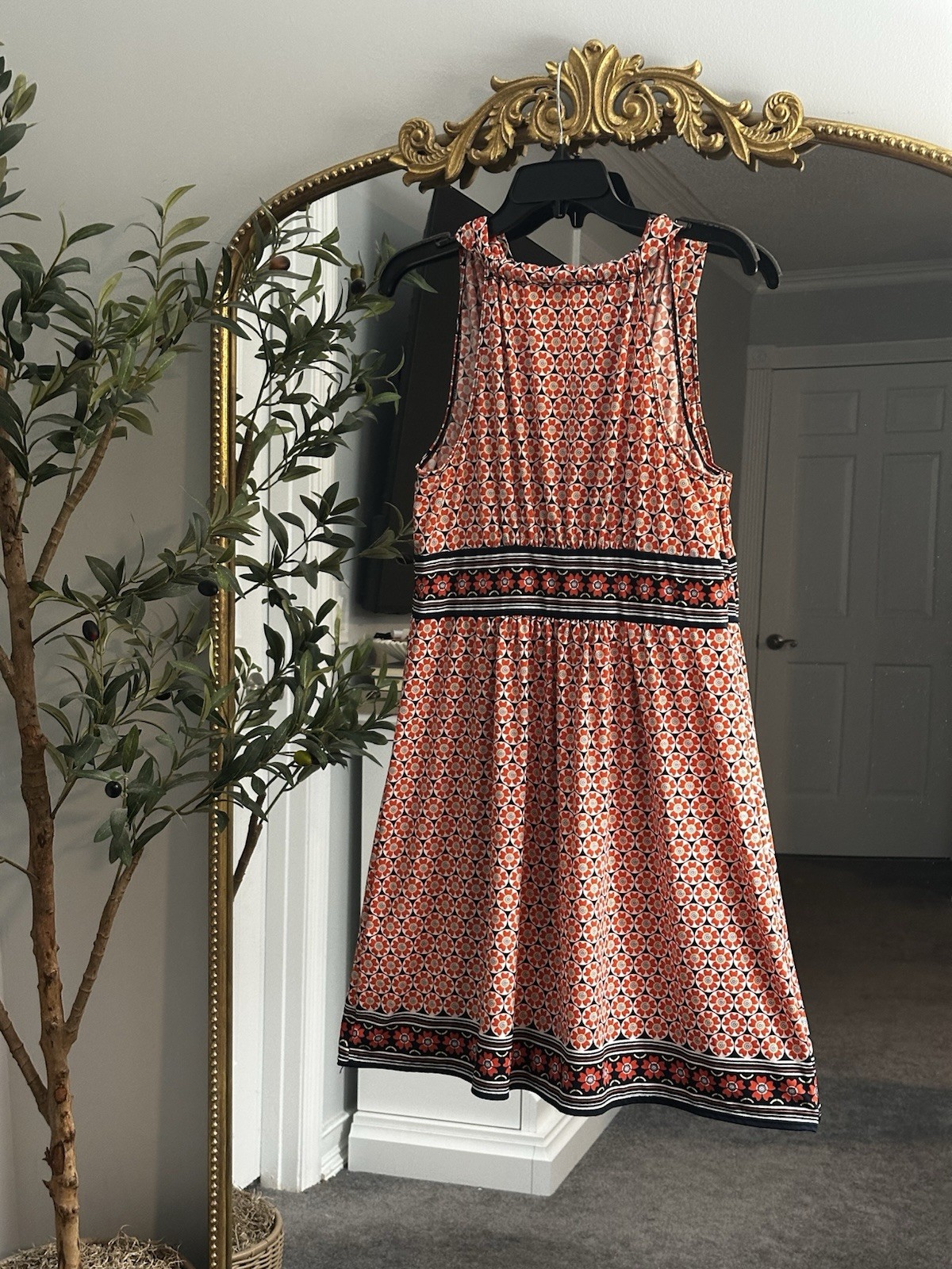 Max Studio Orange/Blue/White Sleeveless Round Neck Floral Knit Fit & Flare L