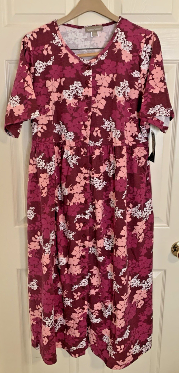 WOMAN WITHIN PLUS Button Front Elbow Sleeve Pink Floral Knit Maxi DRESS L NWT
