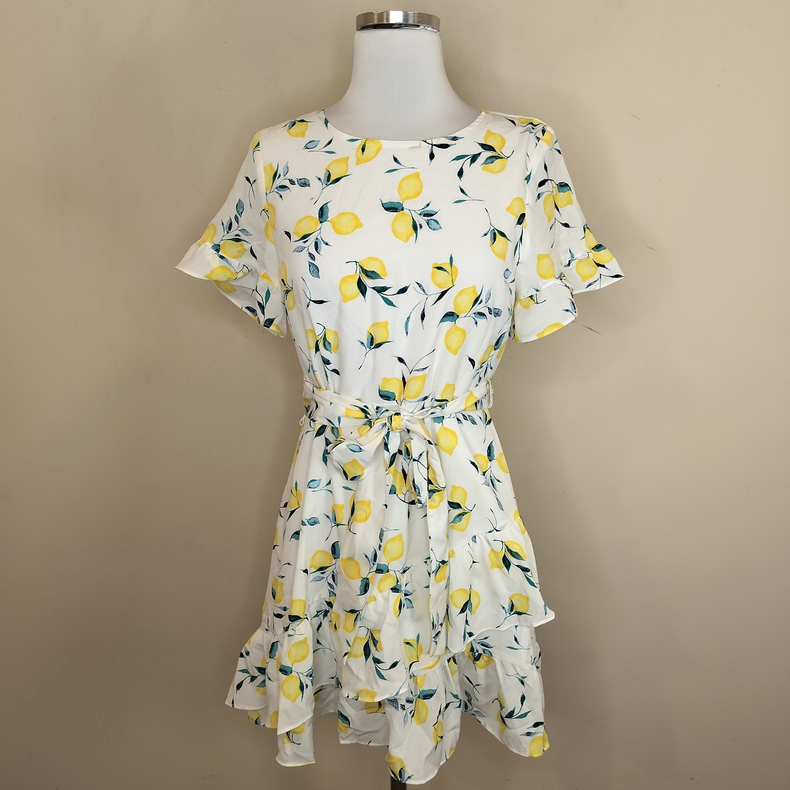 Banana Republic Lemon Pattern Dress Size 6P Petite Women’s Ruffled Belted