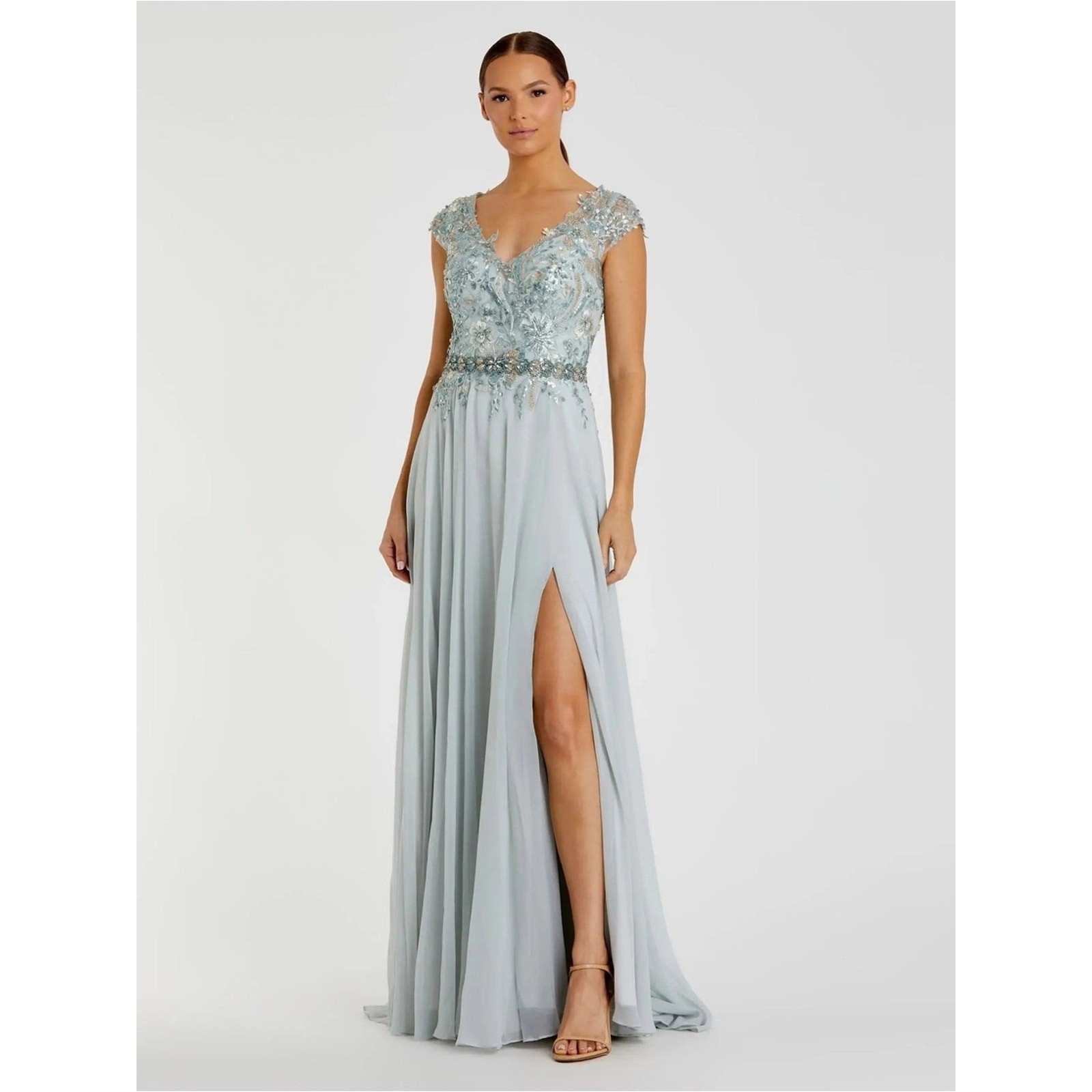 Mac Duggal 79365 Blue Embellished Chiffon Cap Sleeve A-Line Gown Size 16 NWT