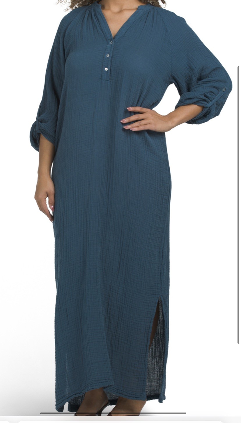 MICHAEL STARS tamar Cotton gauze caftan maxi Boho Beach dress in teal green blue