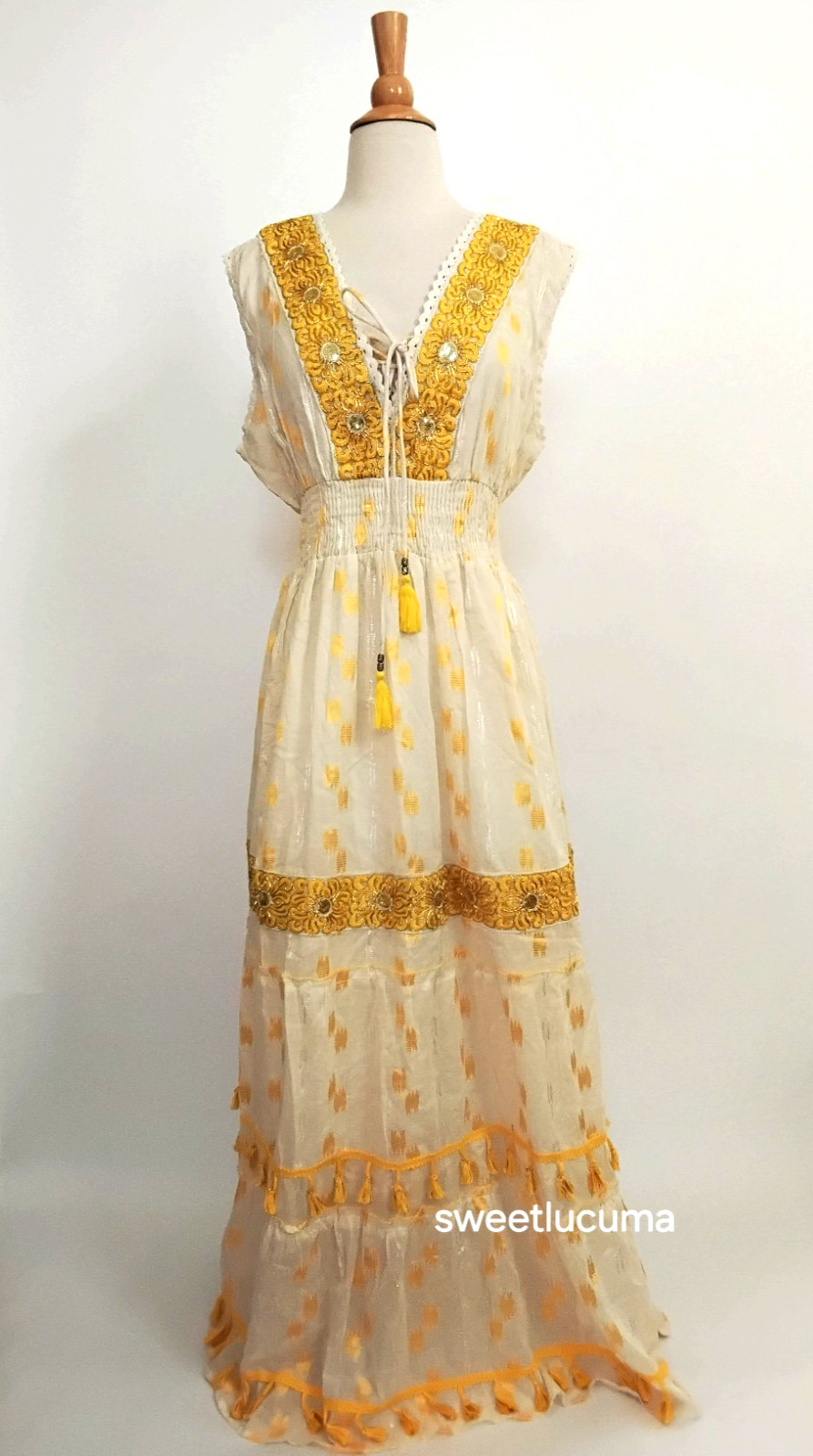 NWT Me 2 Magic Anthropologie Maxi Dress 1X Cream Yellow Gold Embroidered Boho