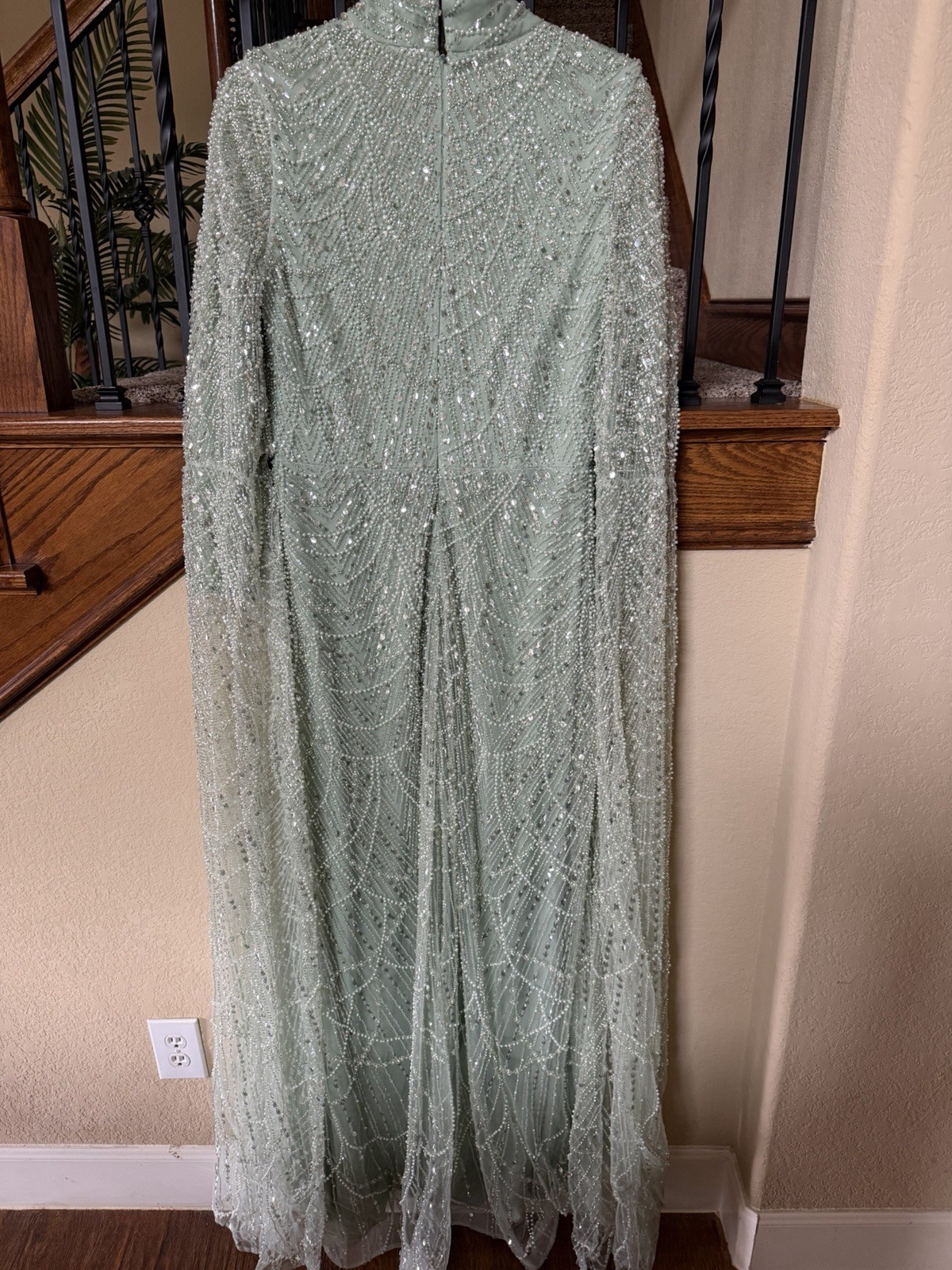Green Mesh Beaded Sequin High Neck Long Sleeve Lined Gown Zip XL