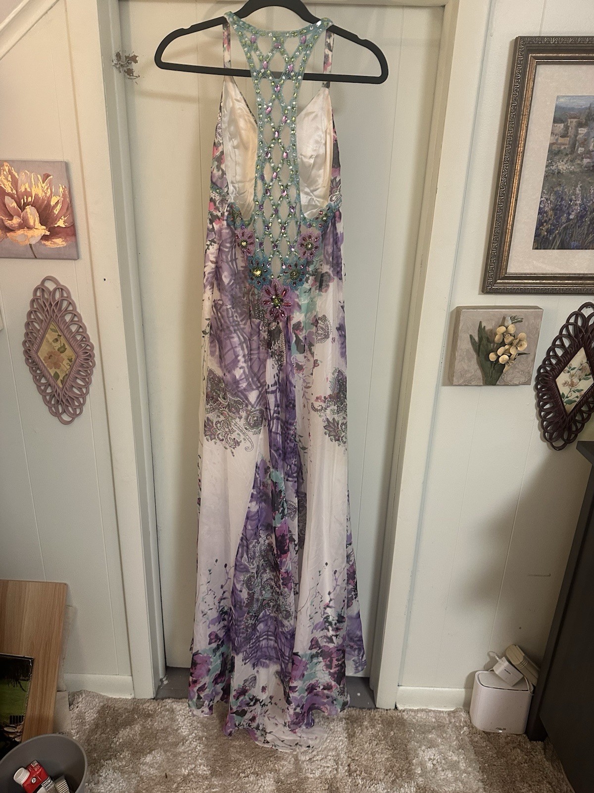 Dave & Johnny Dress Pink , Purple White Beaded Sequin Halter Gown Y2K Prom