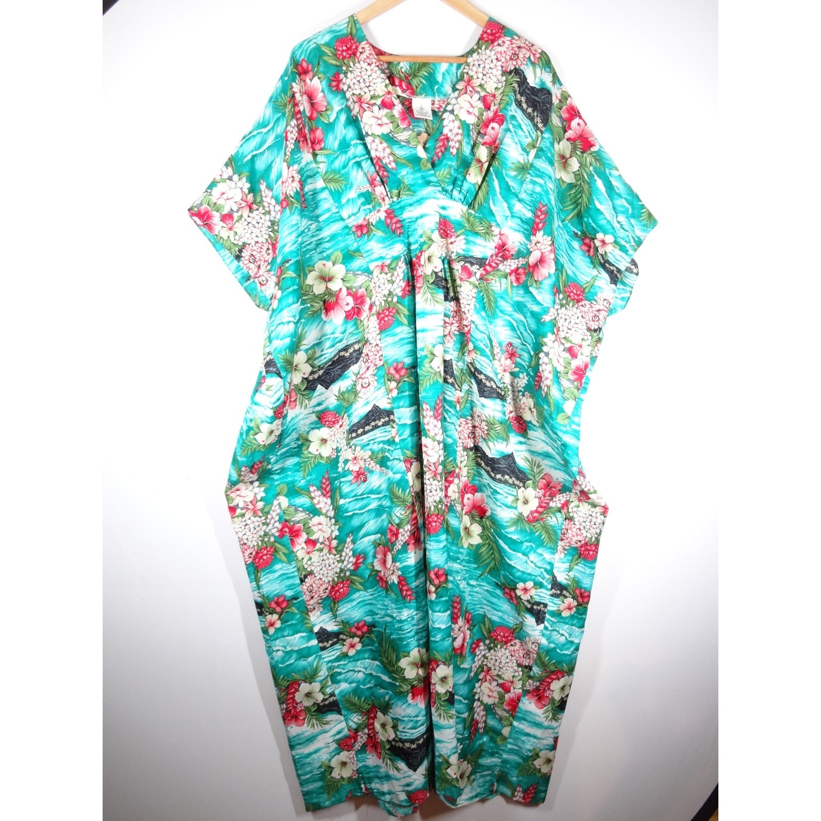 Royal Creations Hawaii Muumuu Kaftan Women One Size Teal Floral Tropical Resort