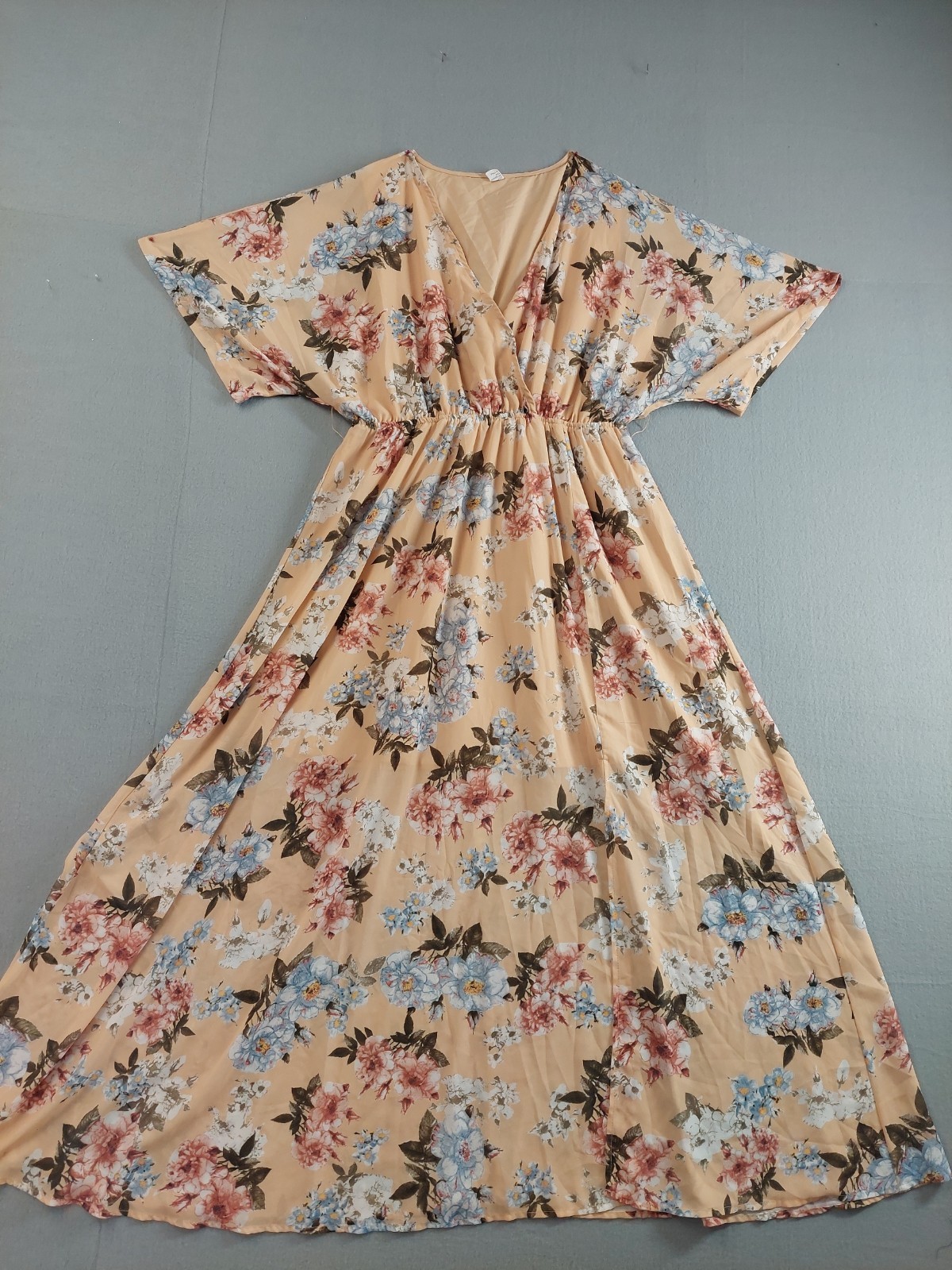 Anrabess Women Dress XL Brown Floral Print Short Sleeve V Neck Boho A Line Maxi