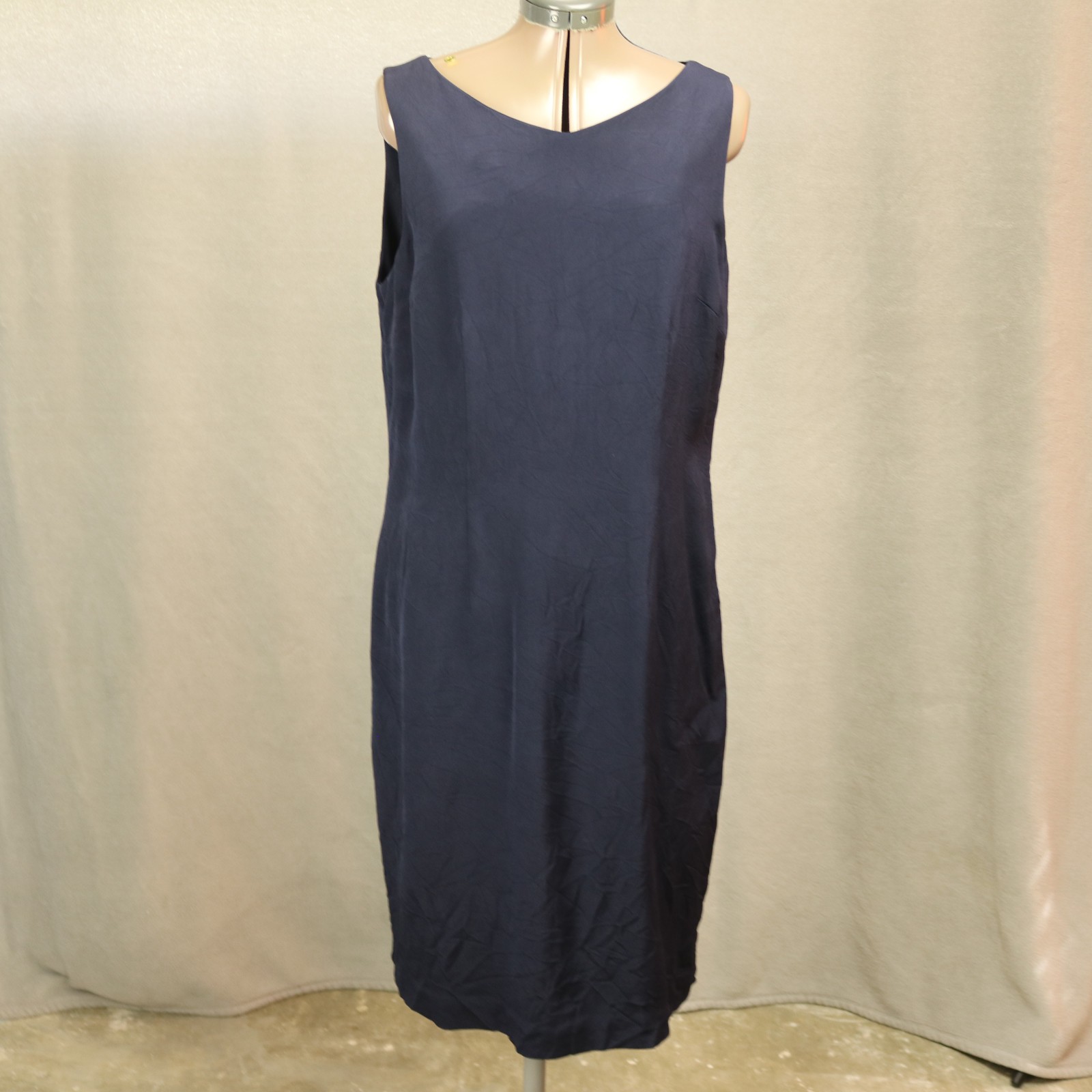 Amanda Smith 100% Silk Knee Length Sheath Dress Career Sleeveless Navy Blue 18