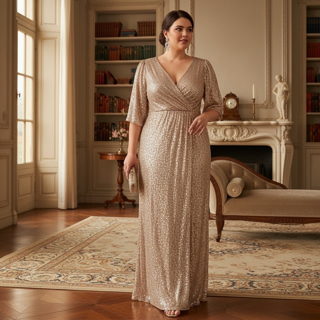 G-27 Alex Evenings Gold Sequin Gown Size 20W NWT – Elegant Wrap Bodice