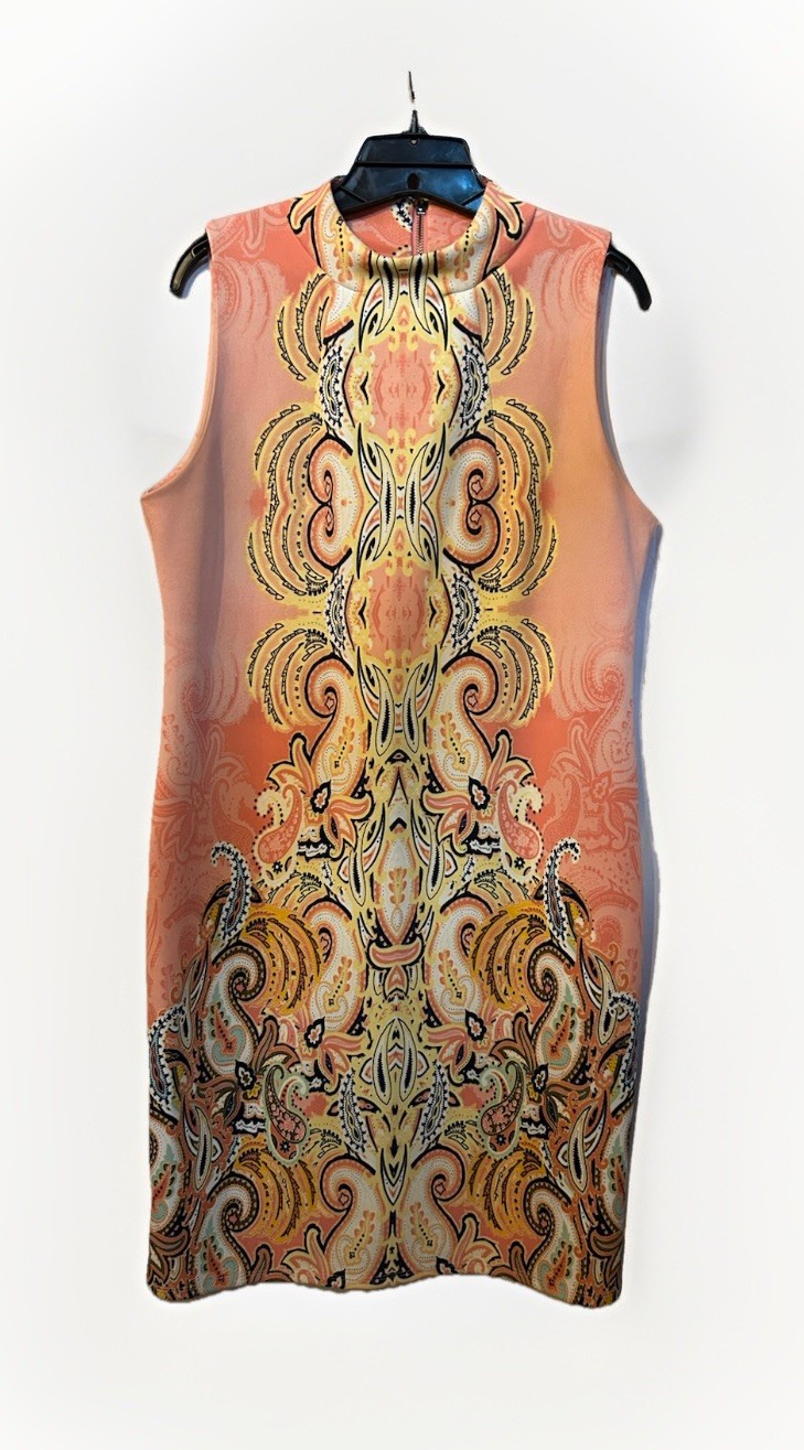 Melissa Paige Women’s Medium Peach Paisley Scuba Stretch Mock Neck Sheath Dress