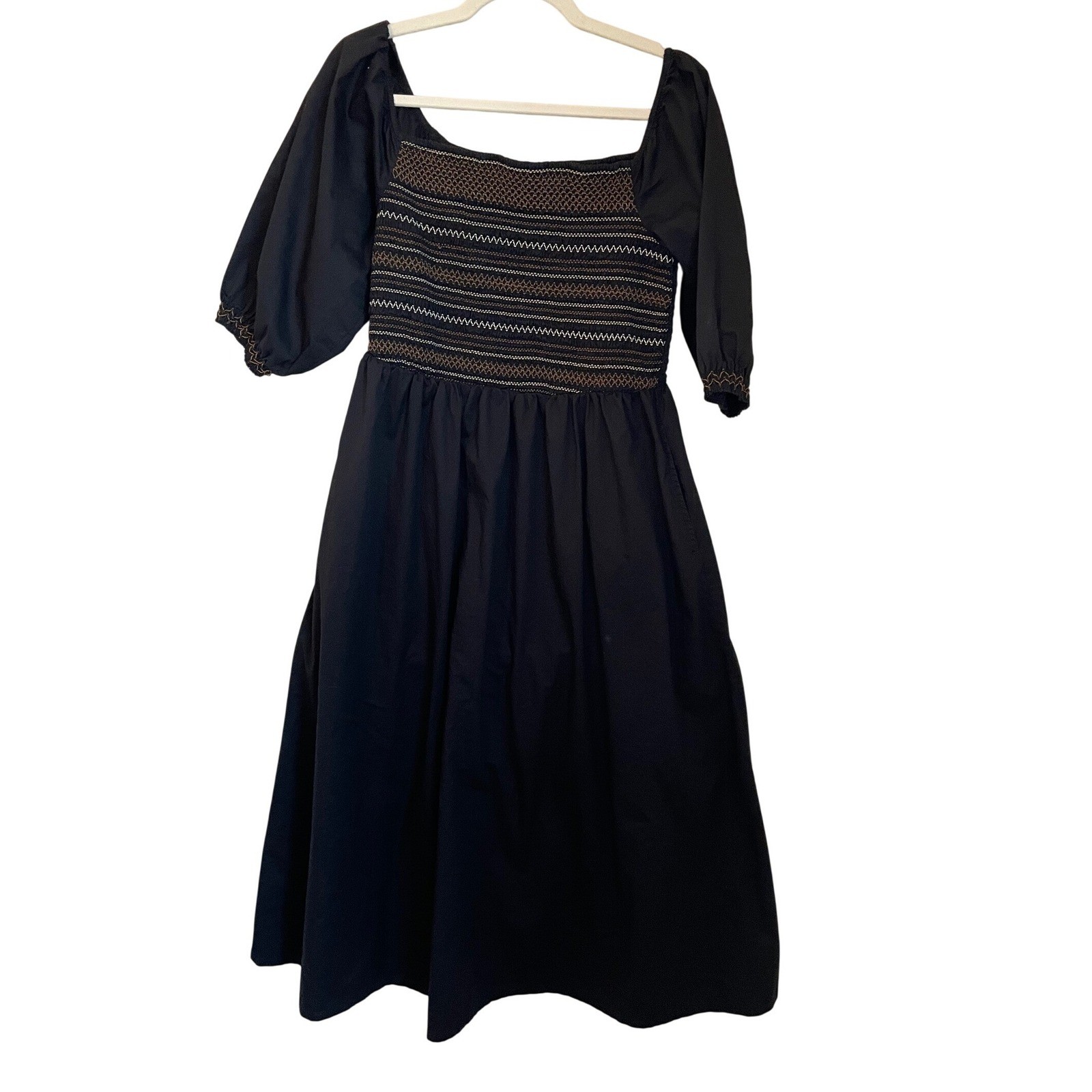 Old Navy Size L Black Embroider Smocked Puff Sleeve Midi Dress Boho Cottagecore