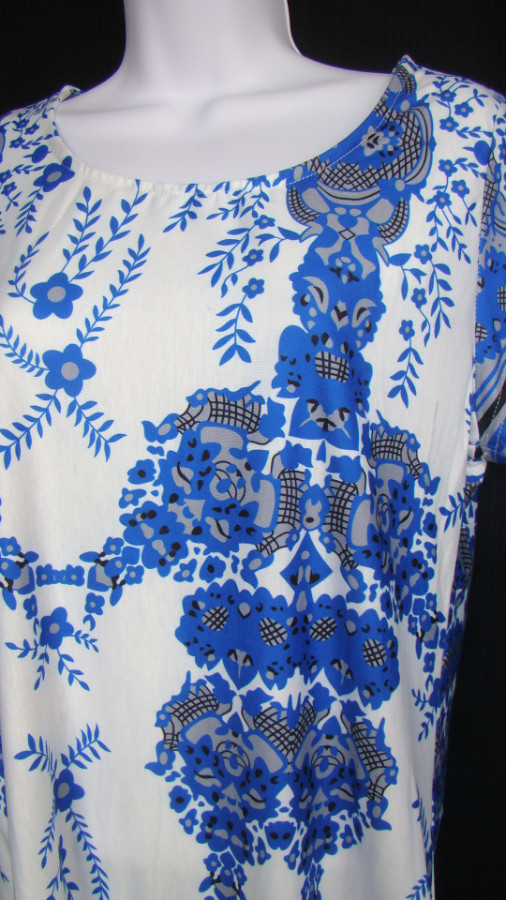 REBORN Size S Blue & White Handkerchief Print Stretch Rayon Dress NWT