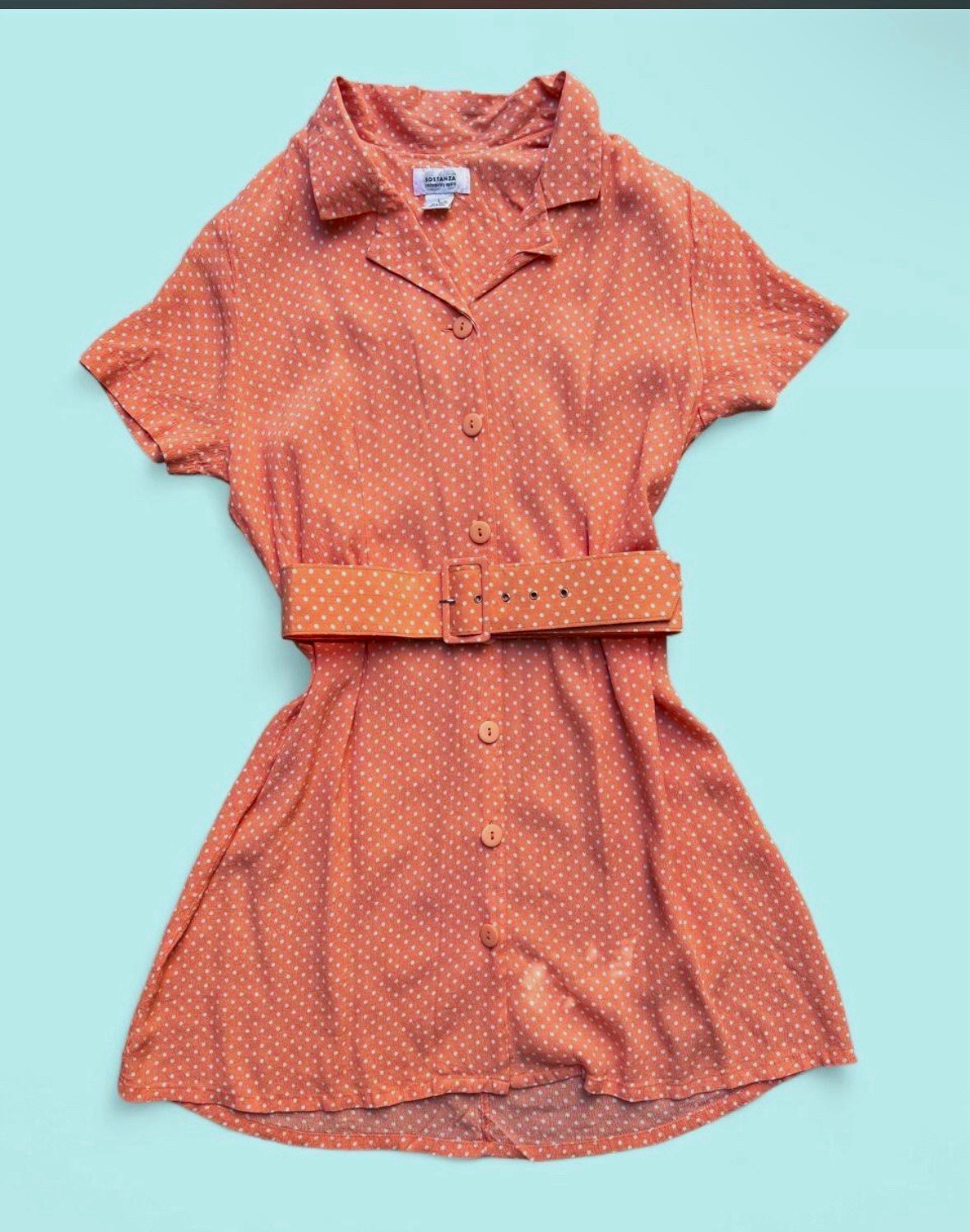 80s/90s Sostanza Contemporary pink polka dot dress w/ matching belt size L