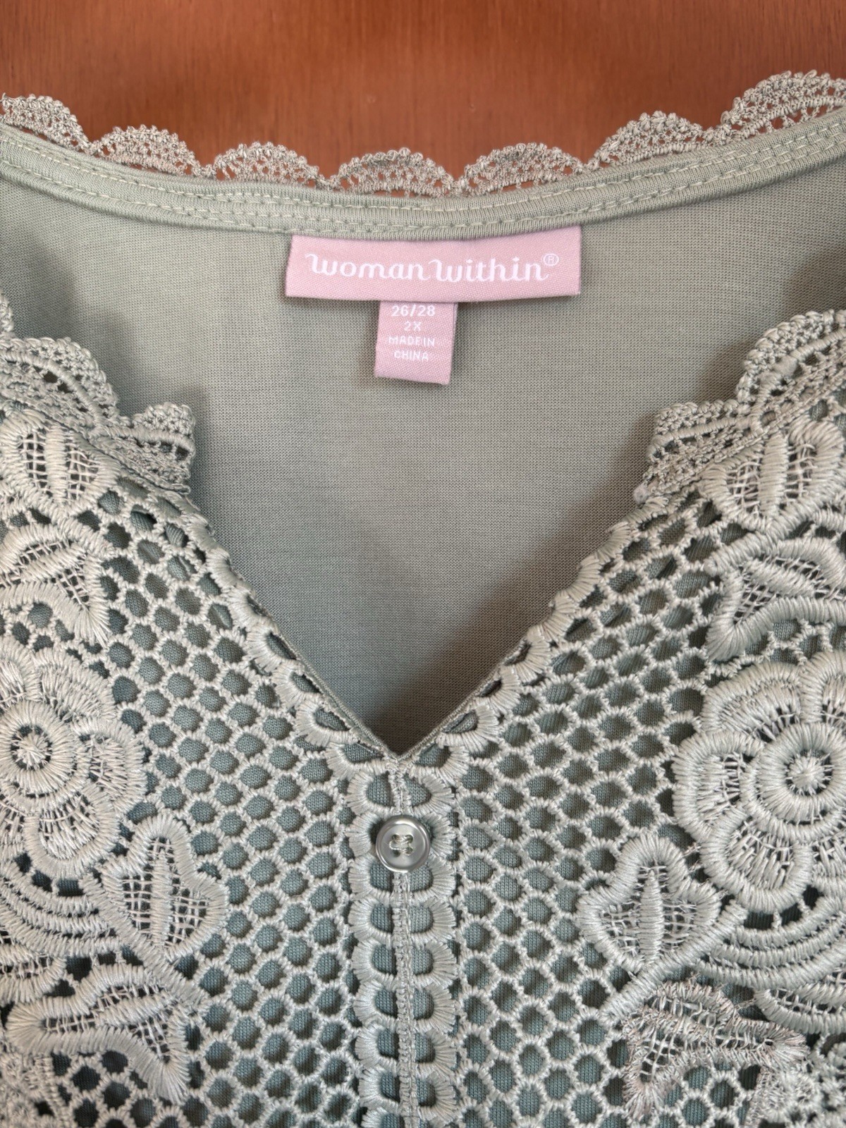 Woman Within Embroidered Lace Comfy Midi Dress 26/28 2X Sage Green Casual Lounge