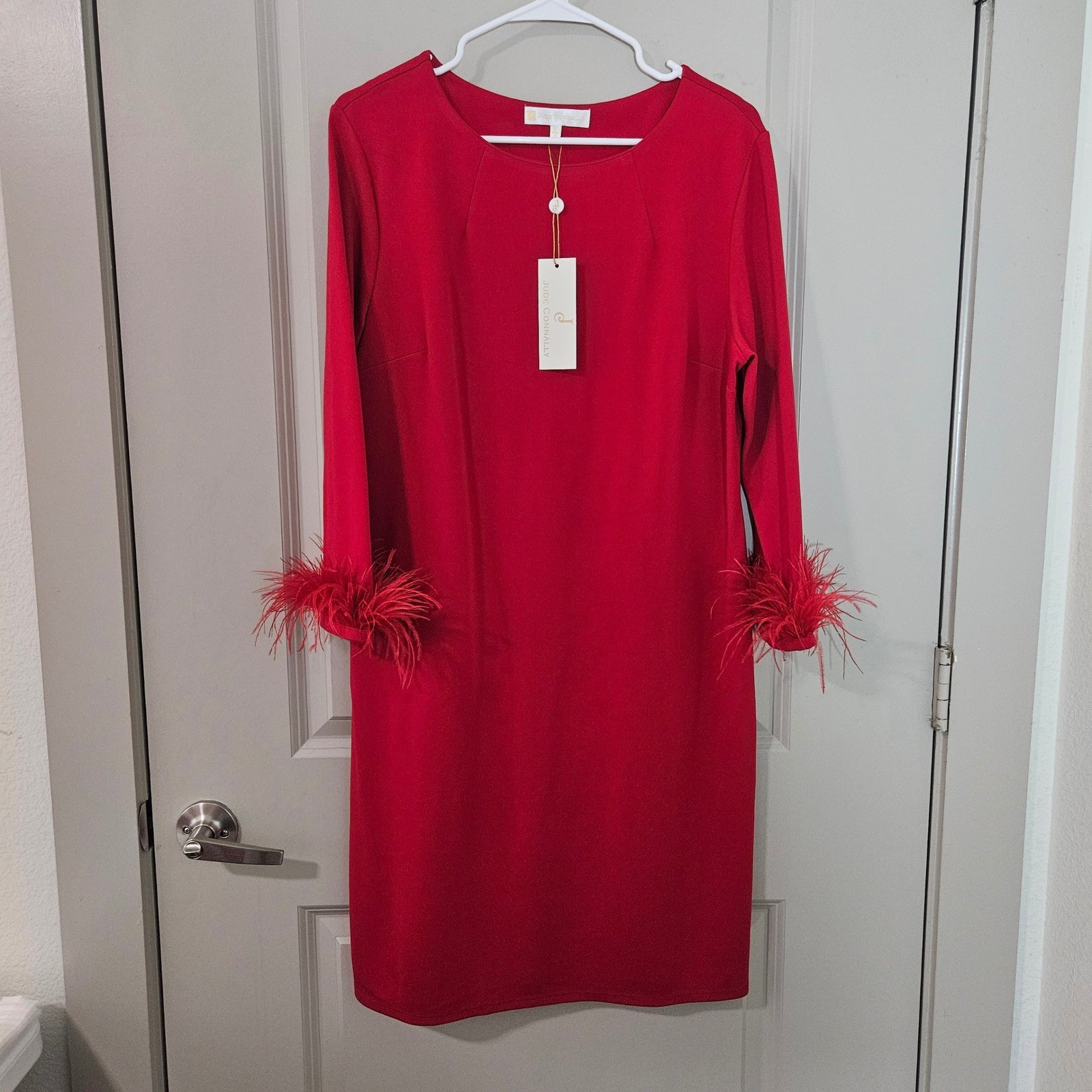 Jude Connally Red Feather Cuff Long Sleeve Shift Dress Womens Large NWT NEW