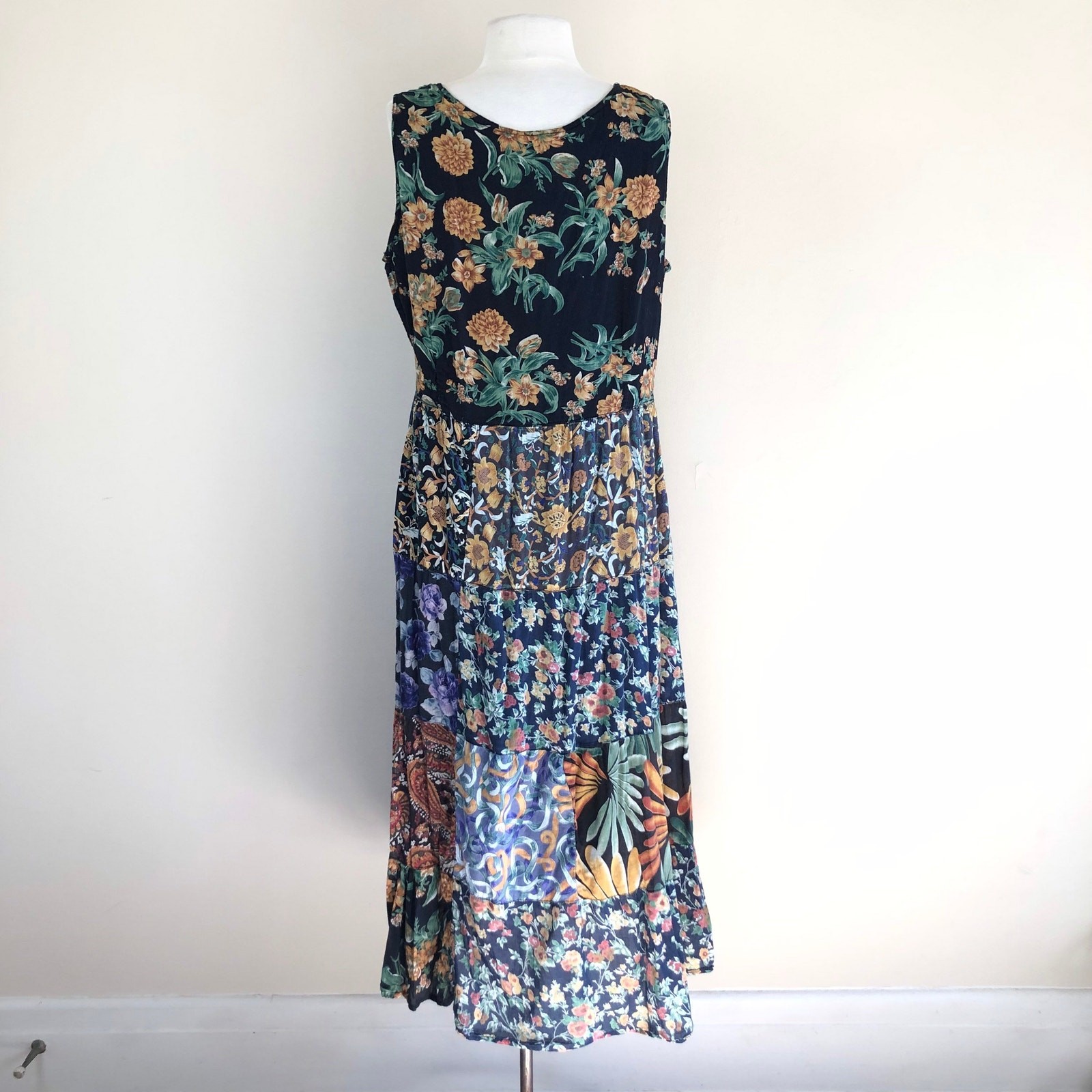 vintage india cotton gauze patchwork black floral dress 90s sheer cottagecore