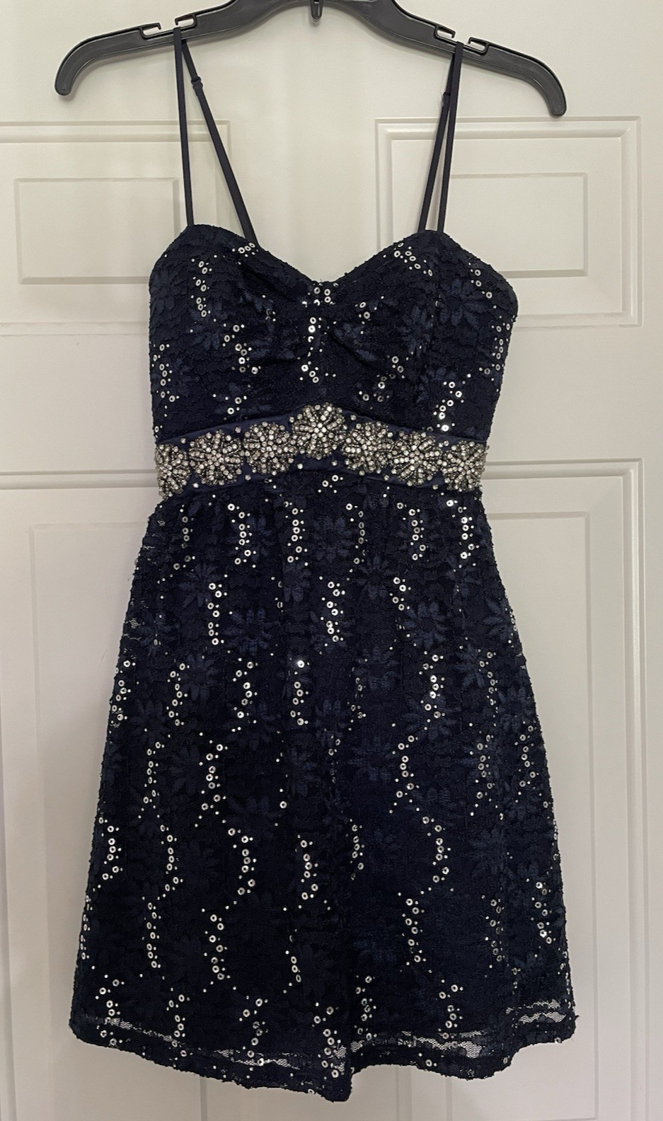 My Michelle Dress Fit and Flare Juniors Size 1 Navy Lace with Sequins EUC