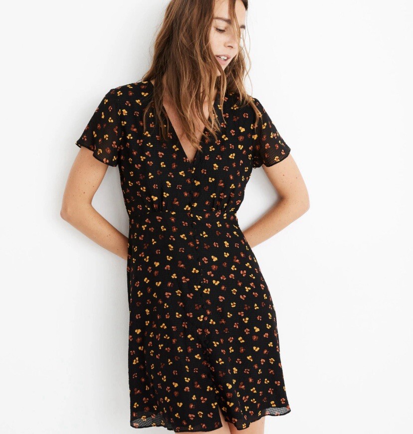 Madewell women’s silk button front swing mini dress size 12 feline floral v neck