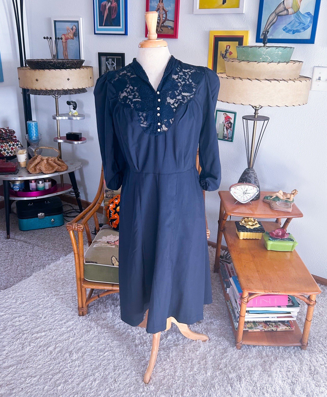 Retro Dress | 1940s Style | Navy Blue | Lace | M L | 40s
