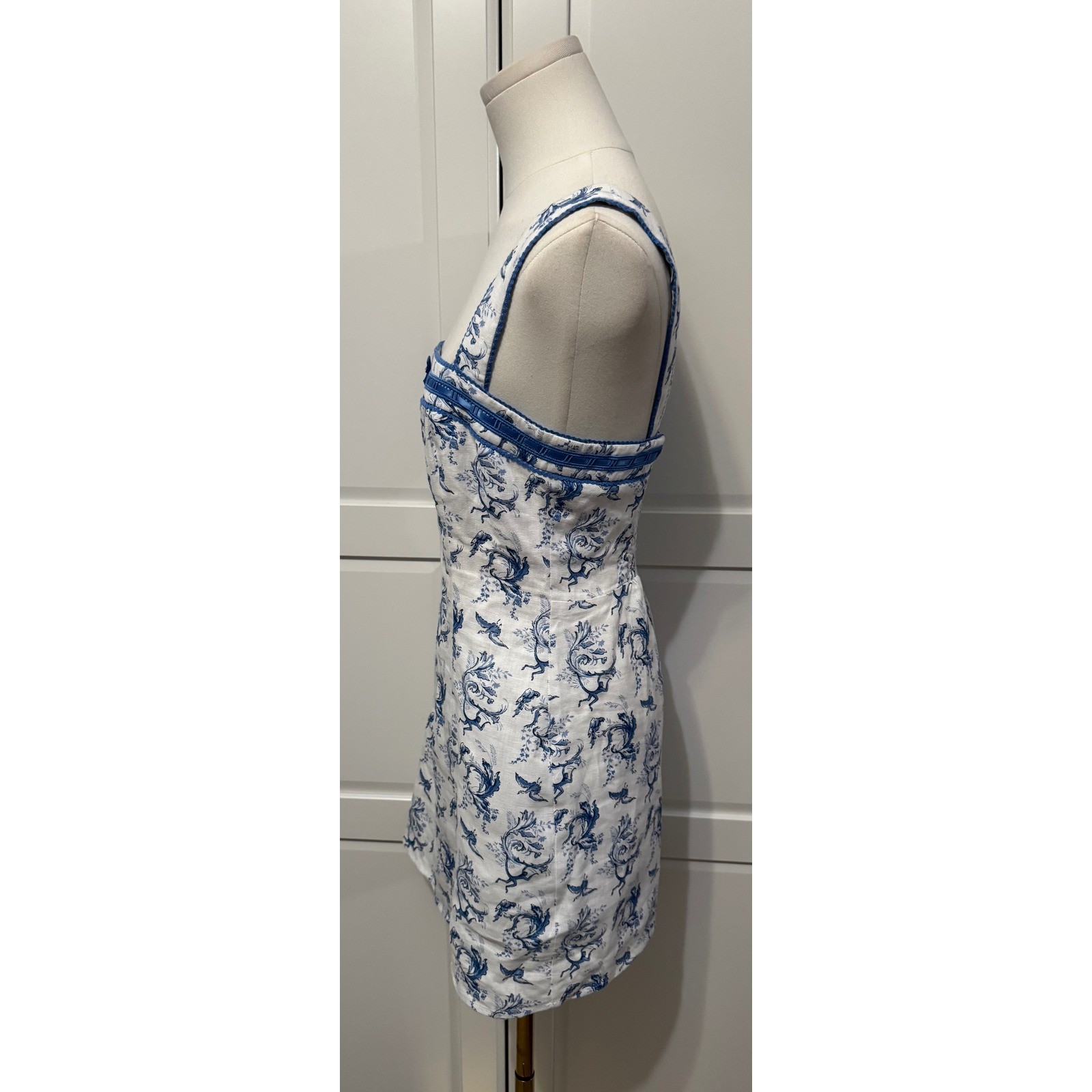 Reformation Elana Linen Dragon Toile Mini Dress Blue White Velvet Trim Size 4