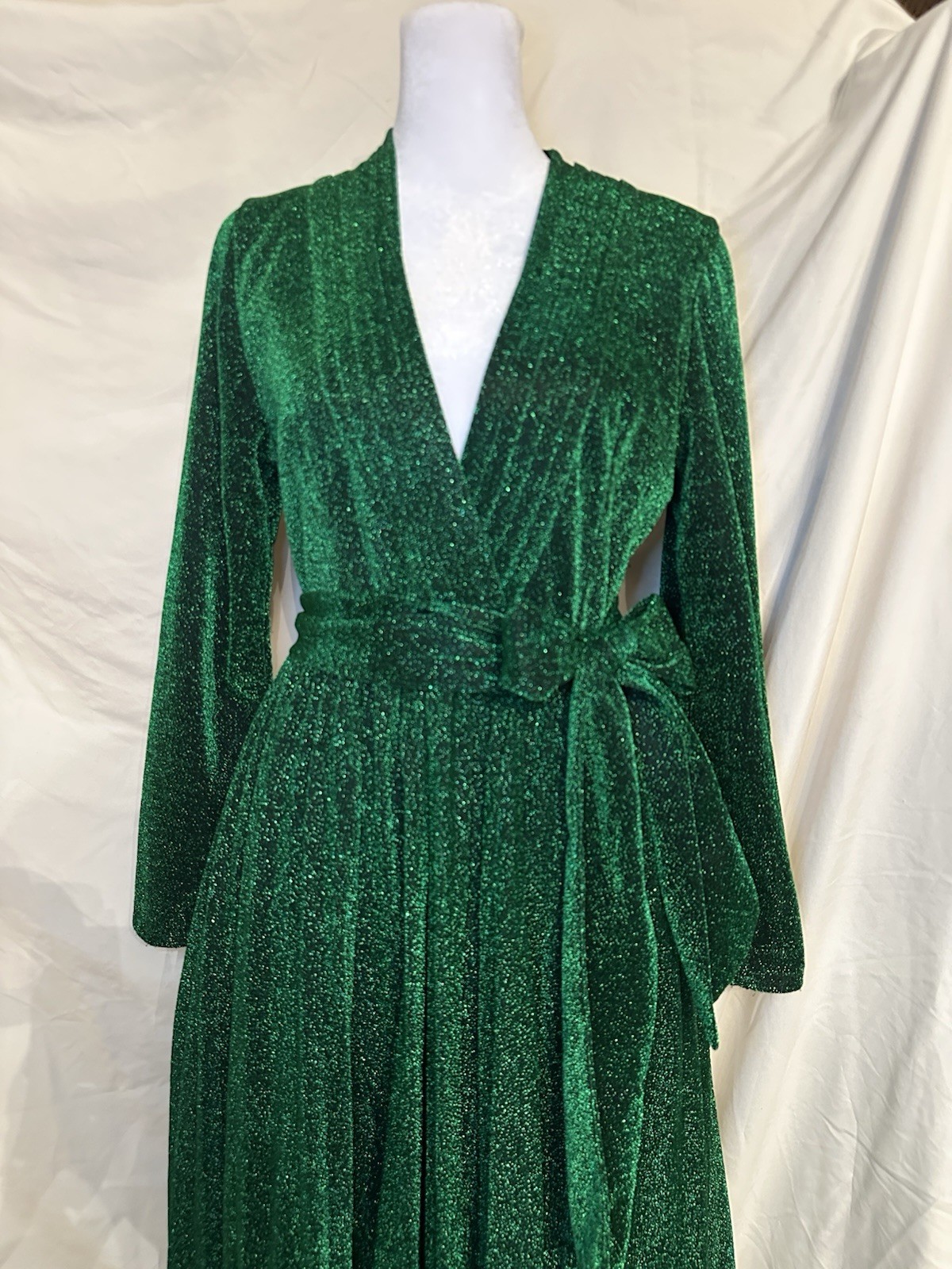 Alcoolique Green Glitter Lurex V-Neck Long Sleeve Maxi Dress Women’s 42