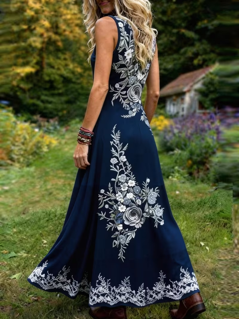 Boho Vintage Lavender Floral Print Plus Size Elegant Dress